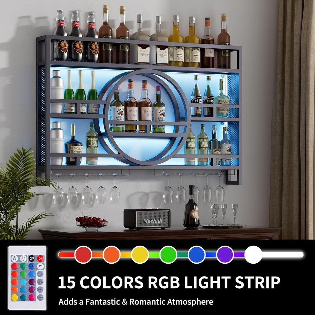 3-Tiers 39in Wine Rack Wall Mounted with Upgarded LED, Floating Bar Shelves with Wine Glass Holder Hanging Industrial Liquor Shelf, Wall-Mounted Wine Racks Cabinets for Home Bar, No Assembly Required