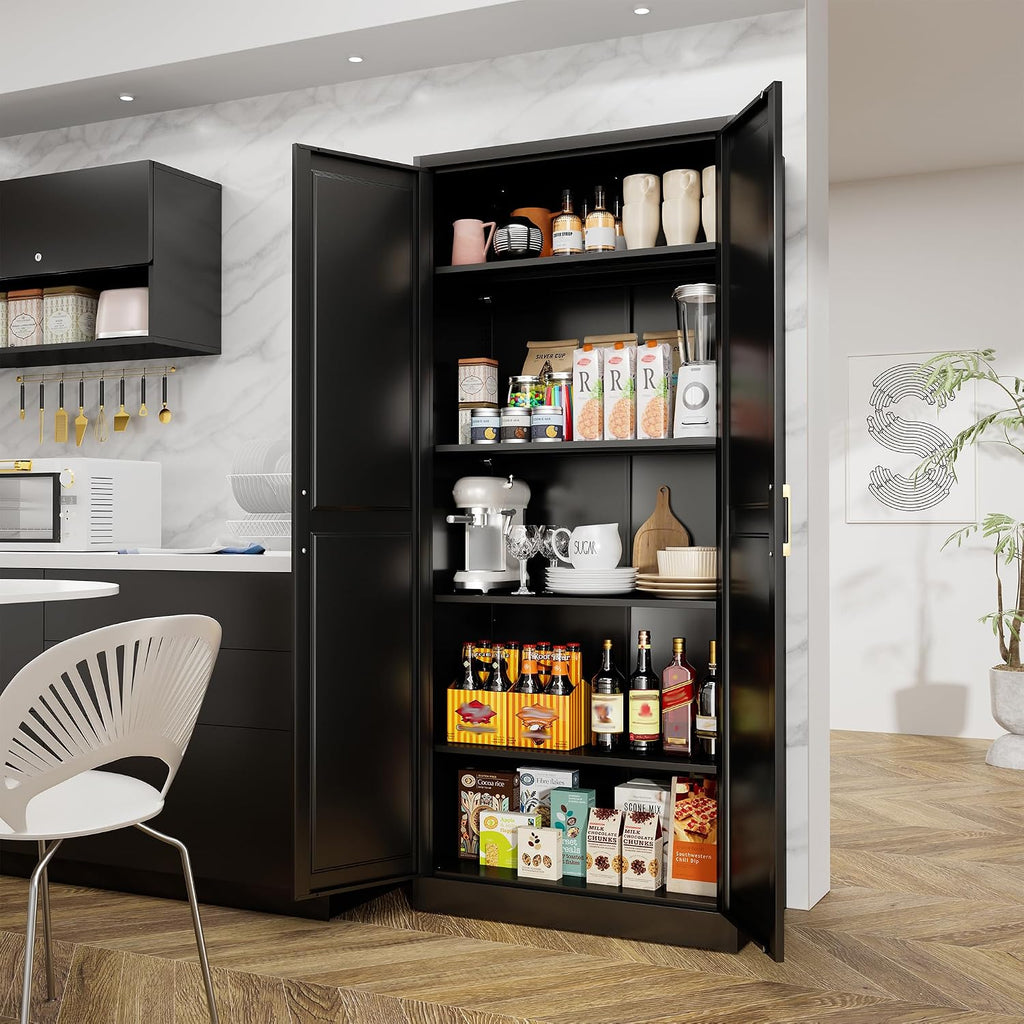 71' Tall Kitchen Storage Cabinet with Gold Handles, Metal Pantry Cabinets with 2 Doors, Food Pantry, Adjustable Shelves, Black Freestanding Pantry Cupboard for Dining, Kitchen, Living Room