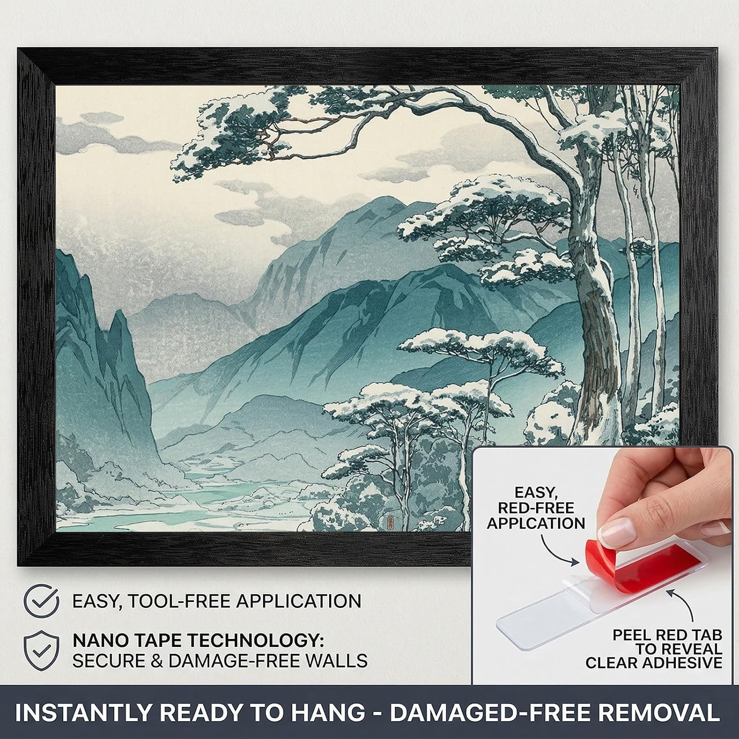 Framed Wall Art - Winter Mountain Pass Landscape in Black Frame - Japanese Woodblock Style Snowy Nature Print - Ready to Hang Home Decor - 24x36 Inch