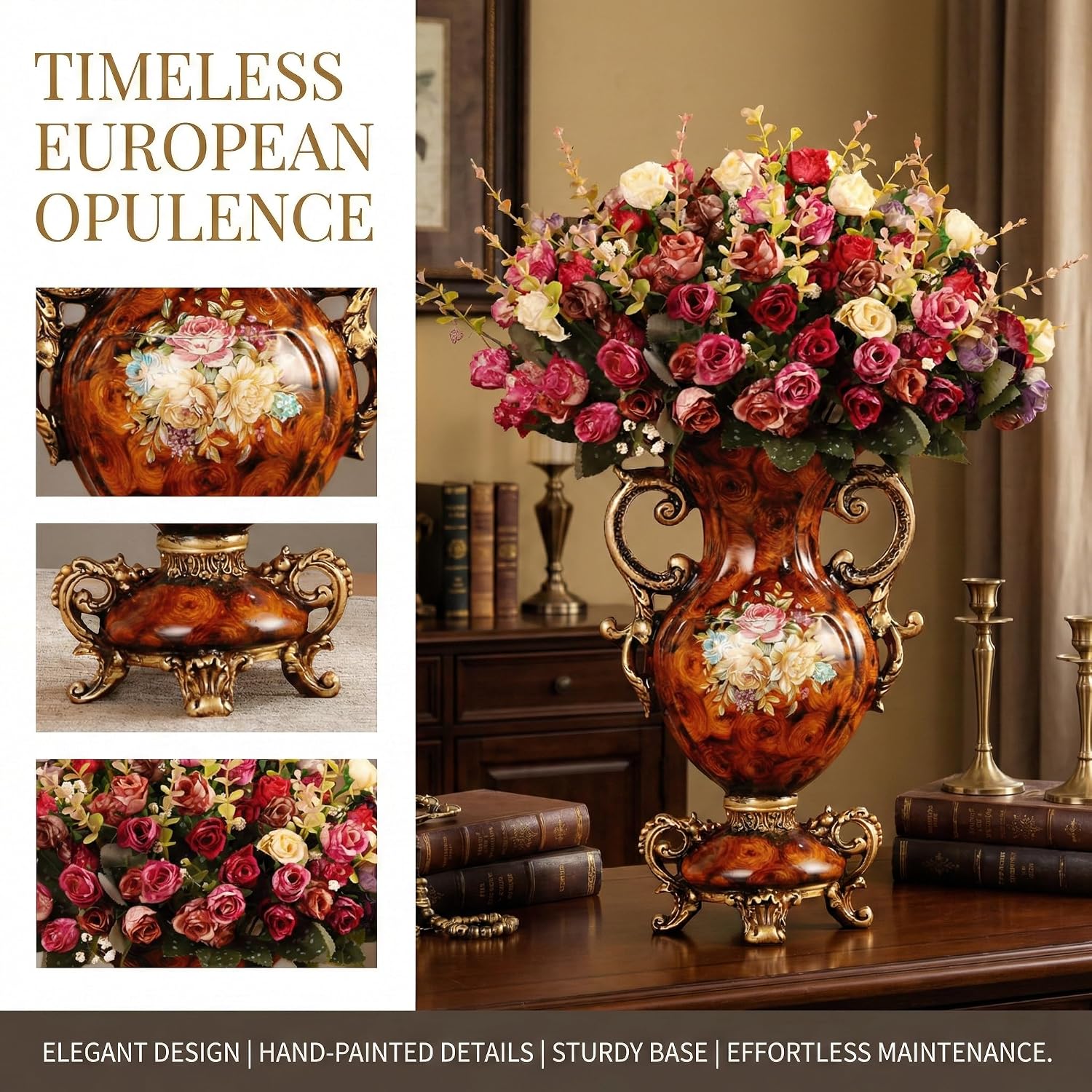 Artificial Flowers in Vase - Vintage Home Decor with Floral Arrangement, Luxury Indoor Table Centerpiece for Living Room, Wedding Party Decoration (European Wood Grain Style)
