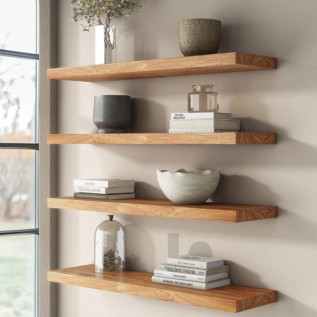 36'x9.2' Elm Floating Shelves for Wall, Flat Edge, Natural, 2-Pack | 1.4' Thick Reclaimed Wood Shelves with Invisible Bracket for Living Room, Bedroom, Kitchen & Bathroom Storage