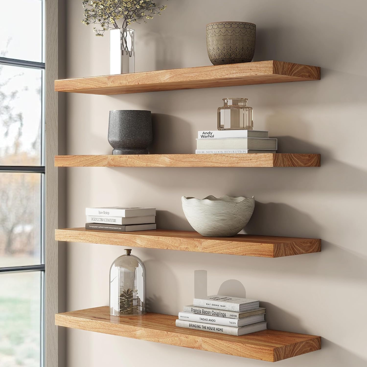 36'x9.2' Elm Floating Shelves for Wall, Flat Edge, Natural, 2-Pack | 1.4' Thick Reclaimed Wood Shelves with Invisible Bracket for Living Room, Bedroom, Kitchen & Bathroom Storage