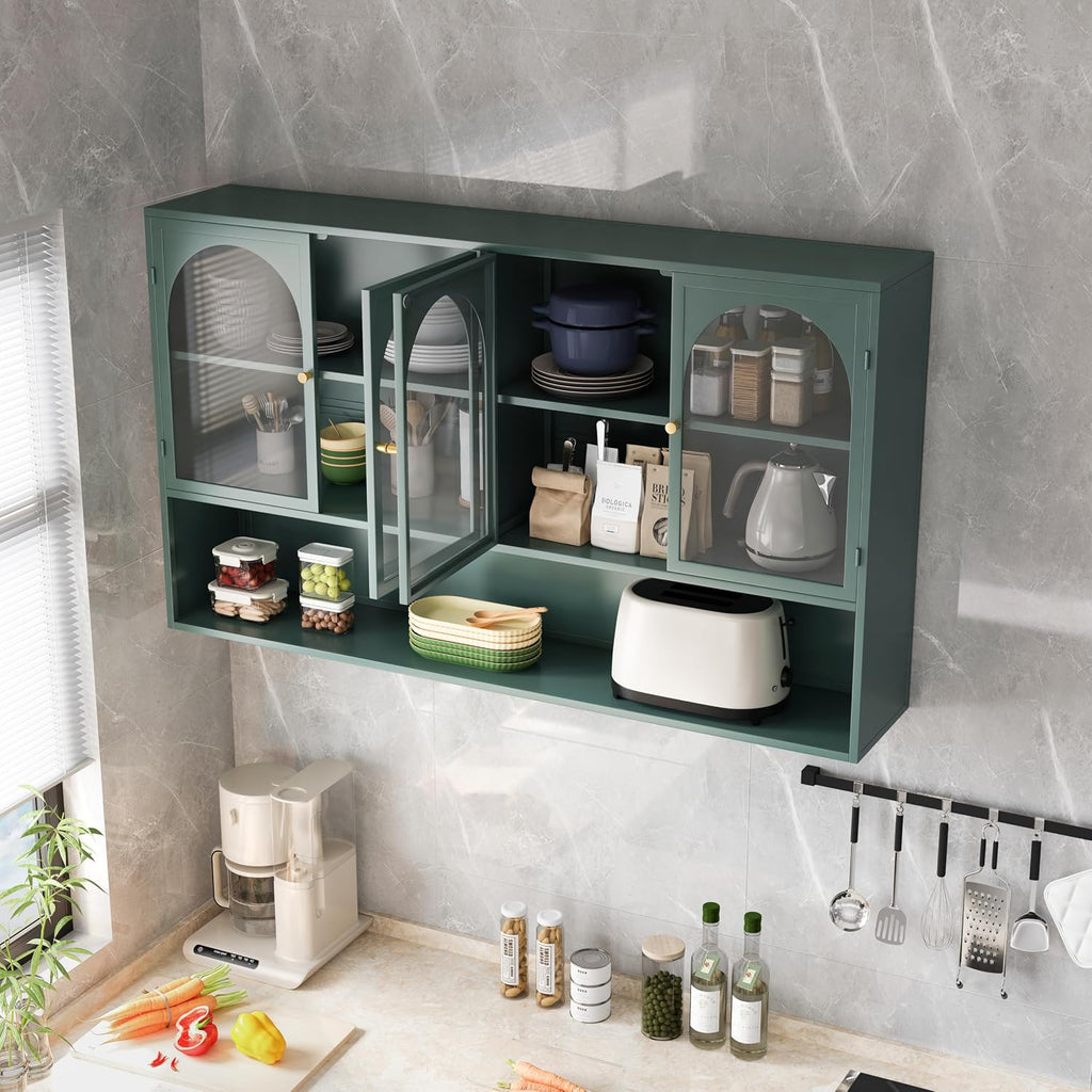 Retro Style Tempering Glass Door Wall Cabinet with Detachable Shelves and Open Shelves，for Office Dining Room,Living Room, Kitchen and Bathroom Dark Green