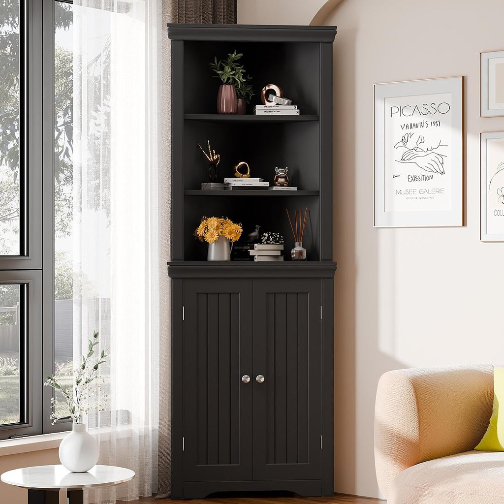 Furmax 62' Corner Cabinet, Bathroom Storage Cabinet with 6 Adjustable Shelves & 2 Doors, Freestanding Corner Shelf for Living Room, Bathroom, Kitchen (Black)
