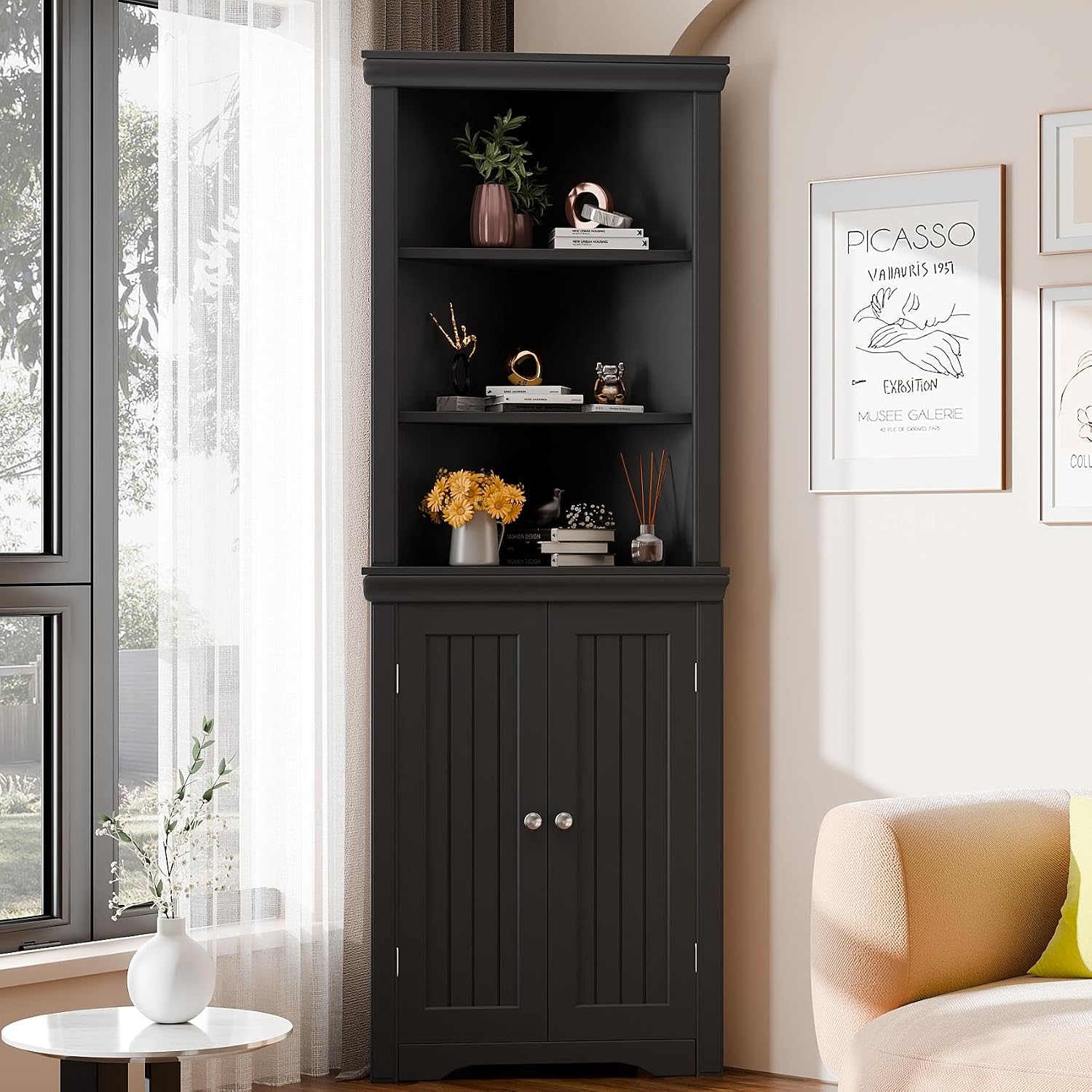 Furmax 62' Corner Cabinet, Bathroom Storage Cabinet with 6 Adjustable Shelves & 2 Doors, Freestanding Corner Shelf for Living Room, Bathroom, Kitchen (Black)
