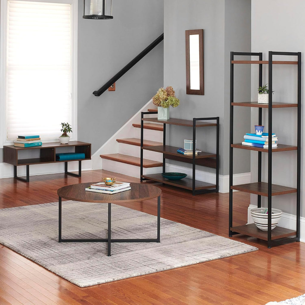 Household Essentials Narrow 5‑Shelf Open Storage Bookshelf, Mid‑Century Walnut Wood Grain with Black Metal Frame