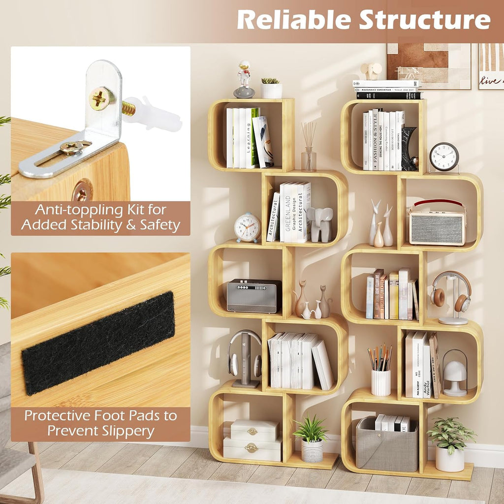 Giantex 5-Tier S-Shaped Bookcase, Bamboo Bookshelf with Open Cubes, Geometric Corner Display Shelf, Decorative Storage Organizer, Floor Storage Rack for Living Room, Home Office, Natural