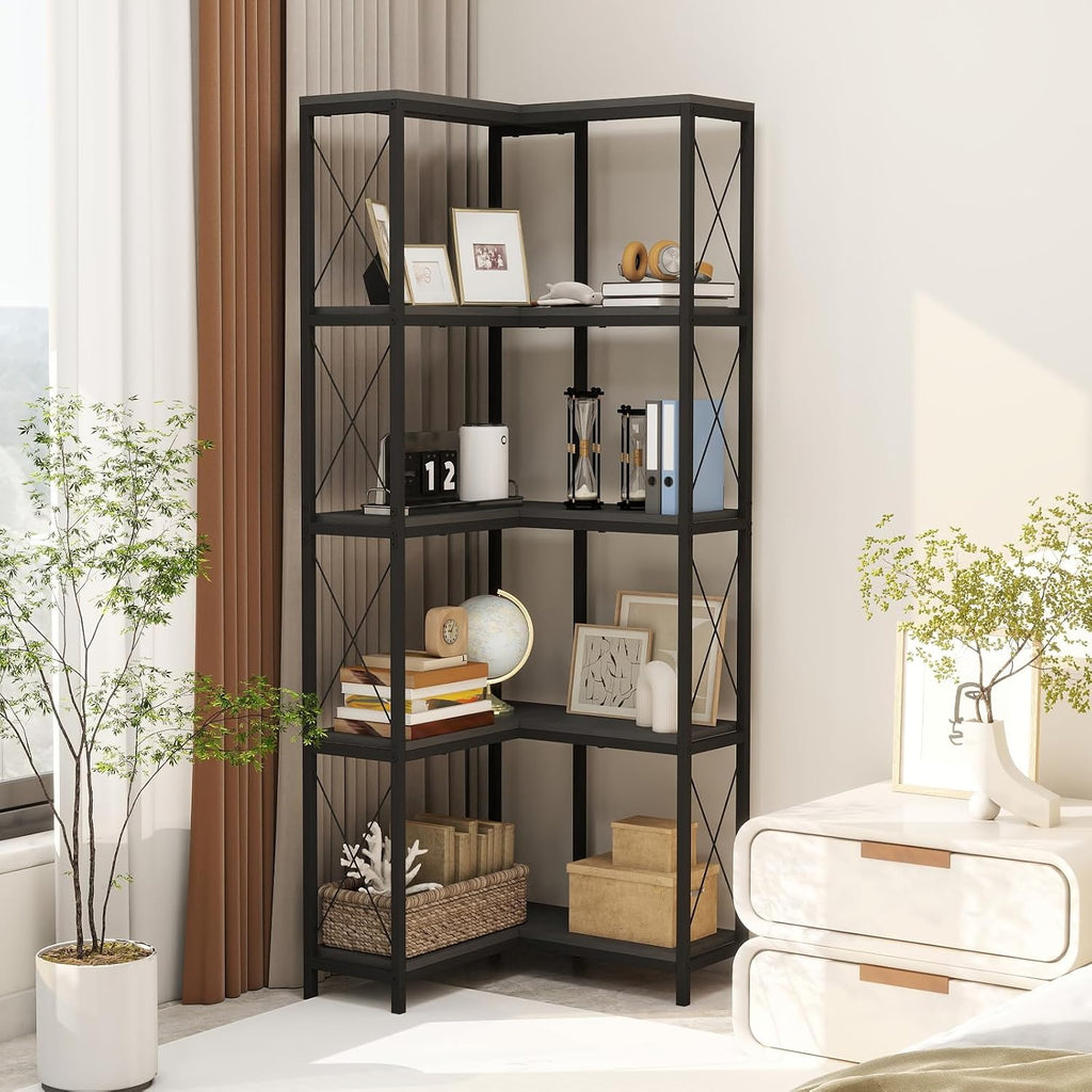 Corner Bookshelf, 5 Tier Industrial Style Design Corner Shelf with Metal Frame and Open Shelves for Living Room, Bedroom, Study, Black
