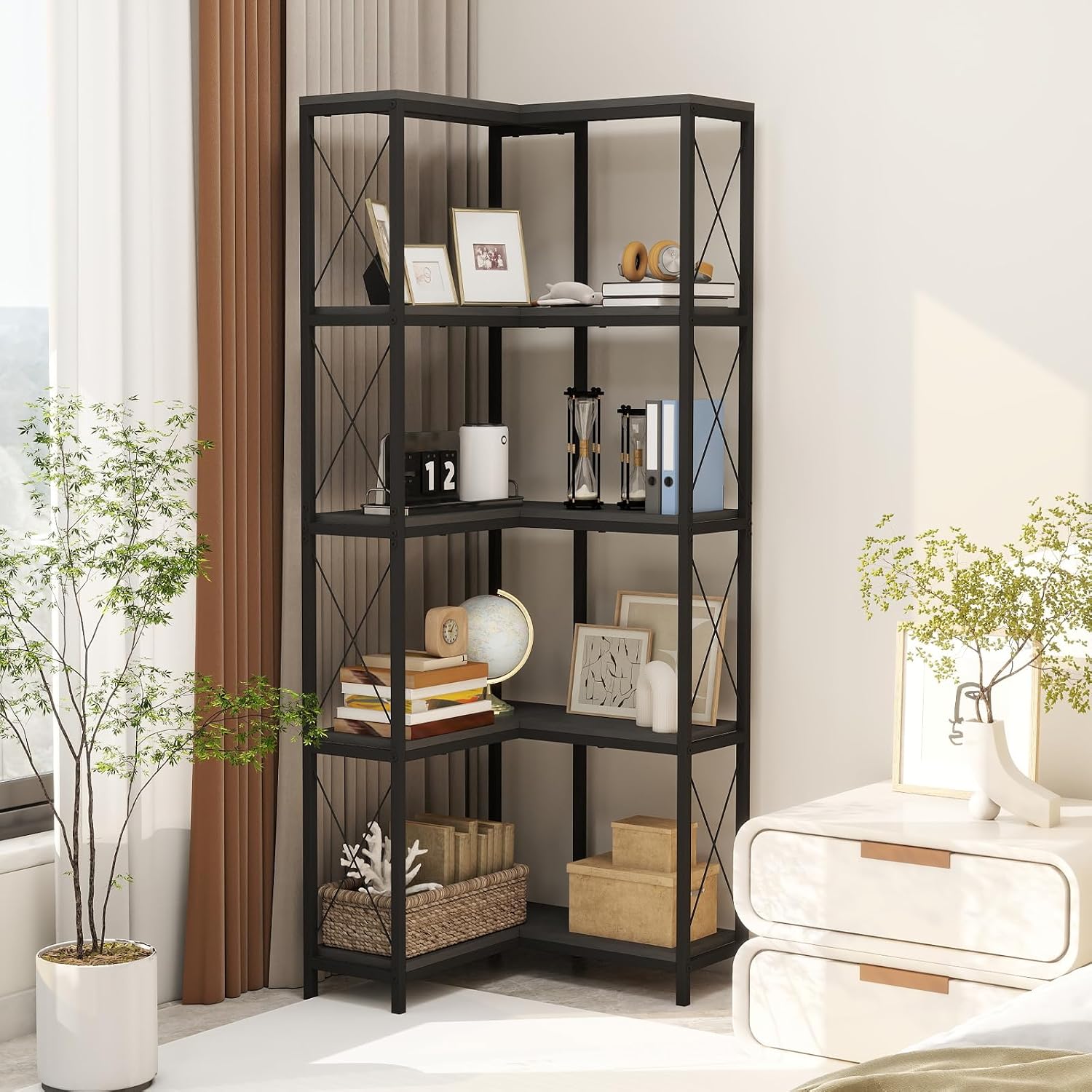 Corner Bookshelf, 5 Tier Industrial Style Design Corner Shelf with Metal Frame and Open Shelves for Living Room, Bedroom, Study, Black