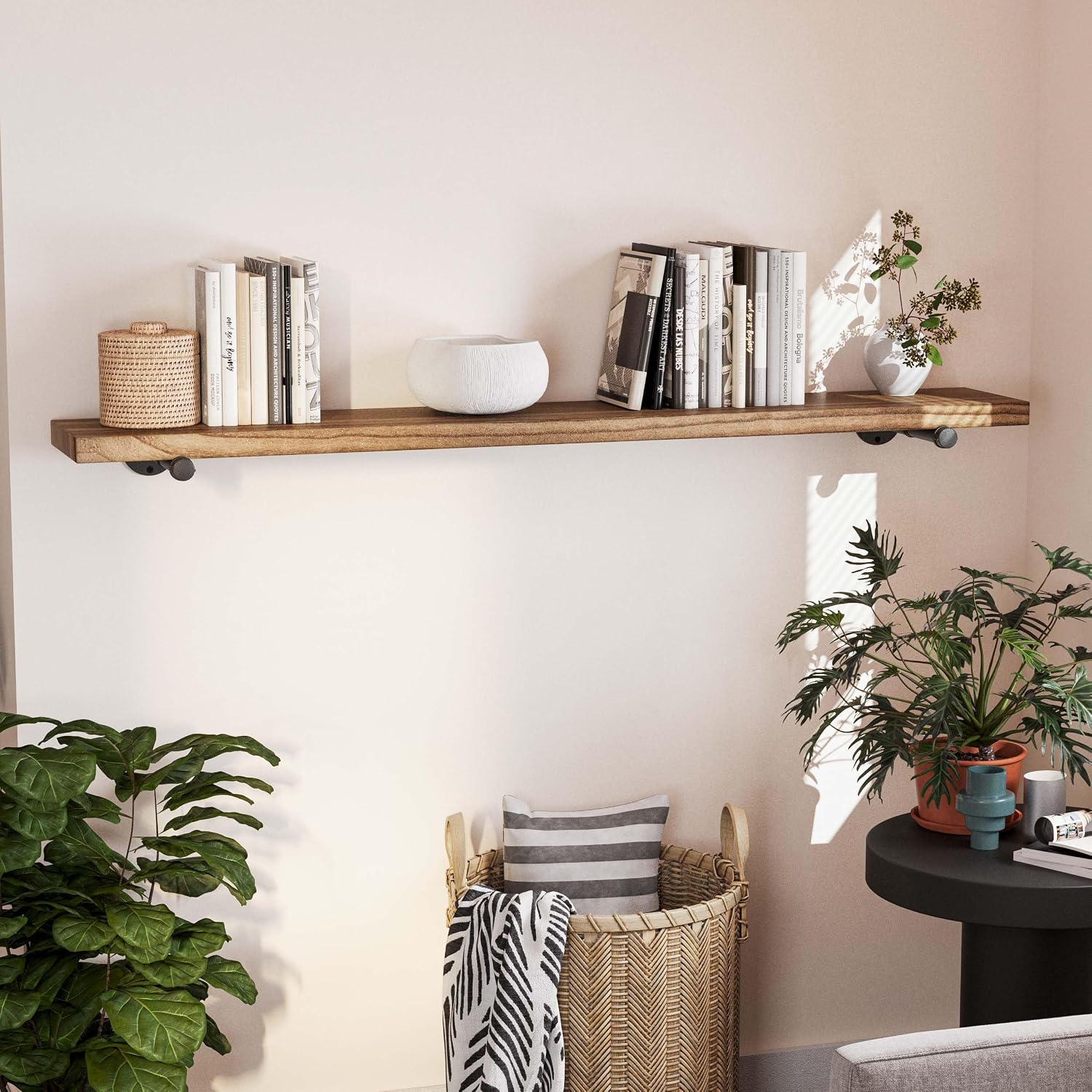 Wallniture Burnt Finish Pipe Wall Shelf - 9.25'' Deep, 1.5'' Thick Solid Wood, Lengths: 48', 60', 72', 84' - Includes Pipe Brackets (60'')