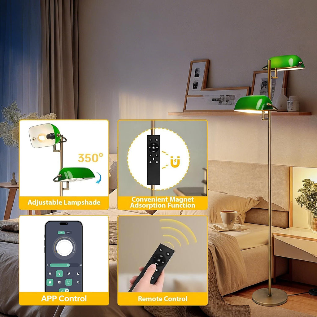FIRVRE Bankers Floor Lamp for Living Room, Vintage Floor Lamp with Foot Switch,Remote Control Standing Lamp with Glass Lampshade, Antique Green Floor Lamp for Bedroom Office Kid Room