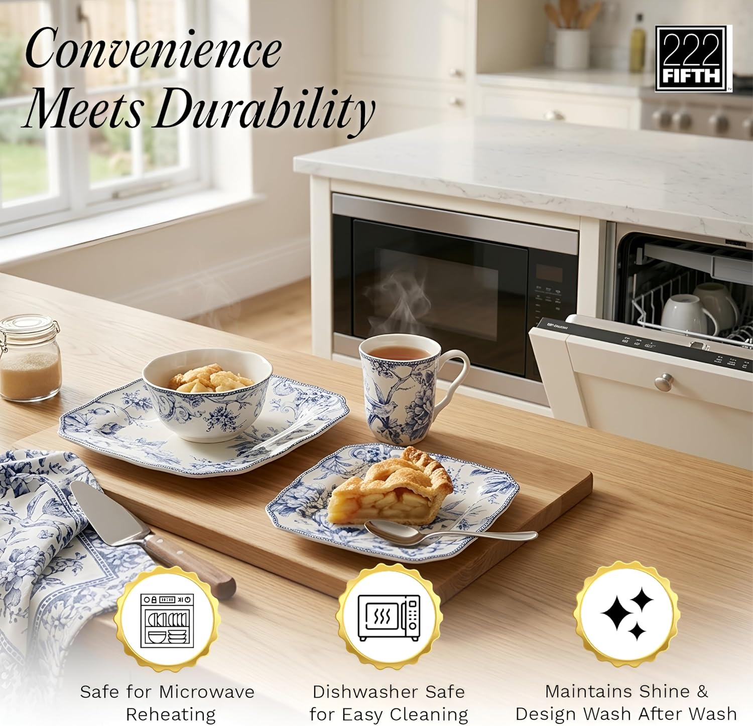 222 Fifth Adelaide Blue 16-Piece Floral Porcelain Dinnerware Set | Microwave and Dishwasher Safe Dining Set for 4 | Stackable and Chip-Resistant Plates Bowls and Cups | Gift for Housewarming & Wedding