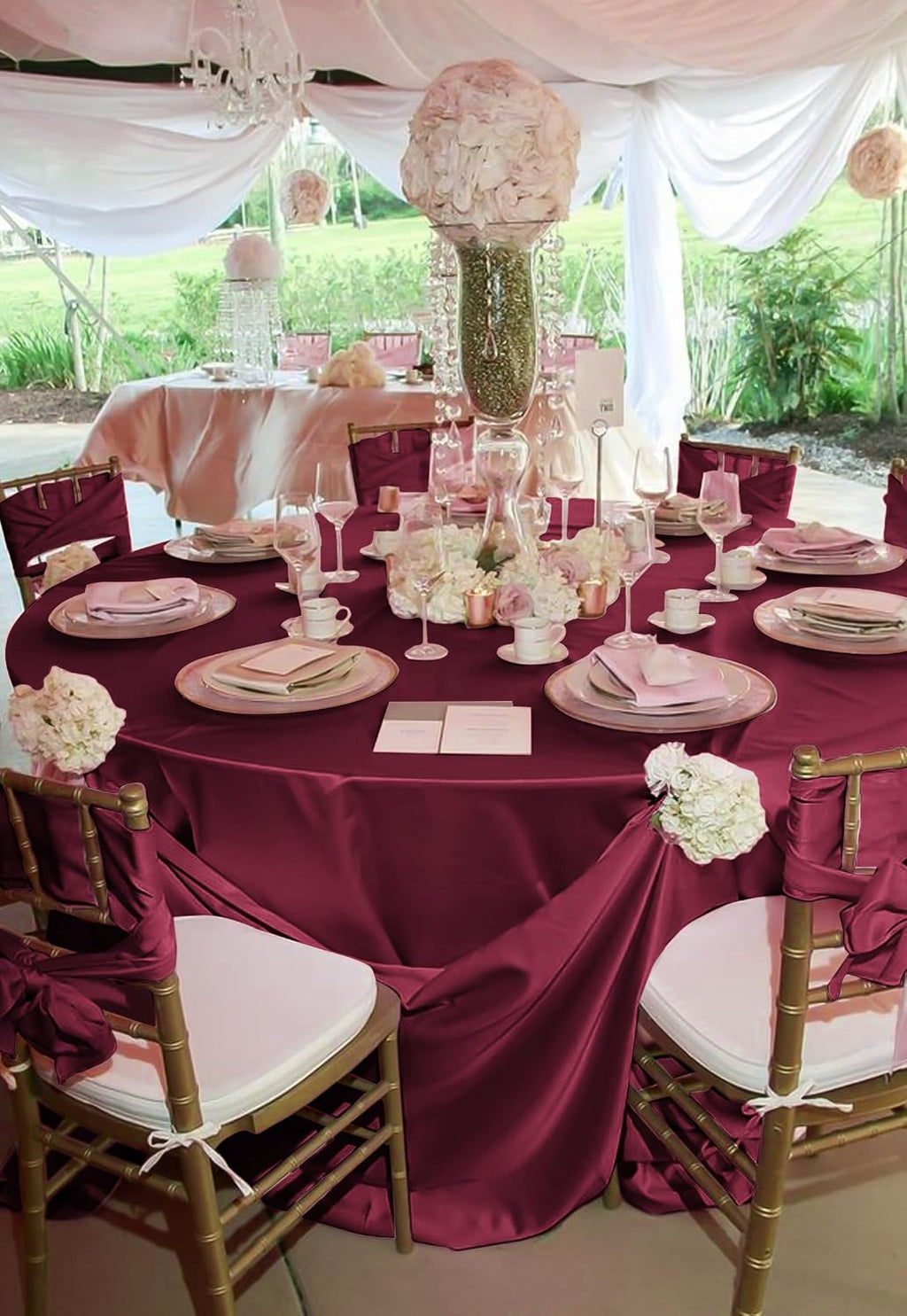 12 Pack 120 Inch Round Tablecloth, Burgundy Satin Fabric Table Cloth for Round Tables, Wrinkle Resistant Washable TableCover Bright Silk Table Clothes for Wedding Party Dining Tables Banquet