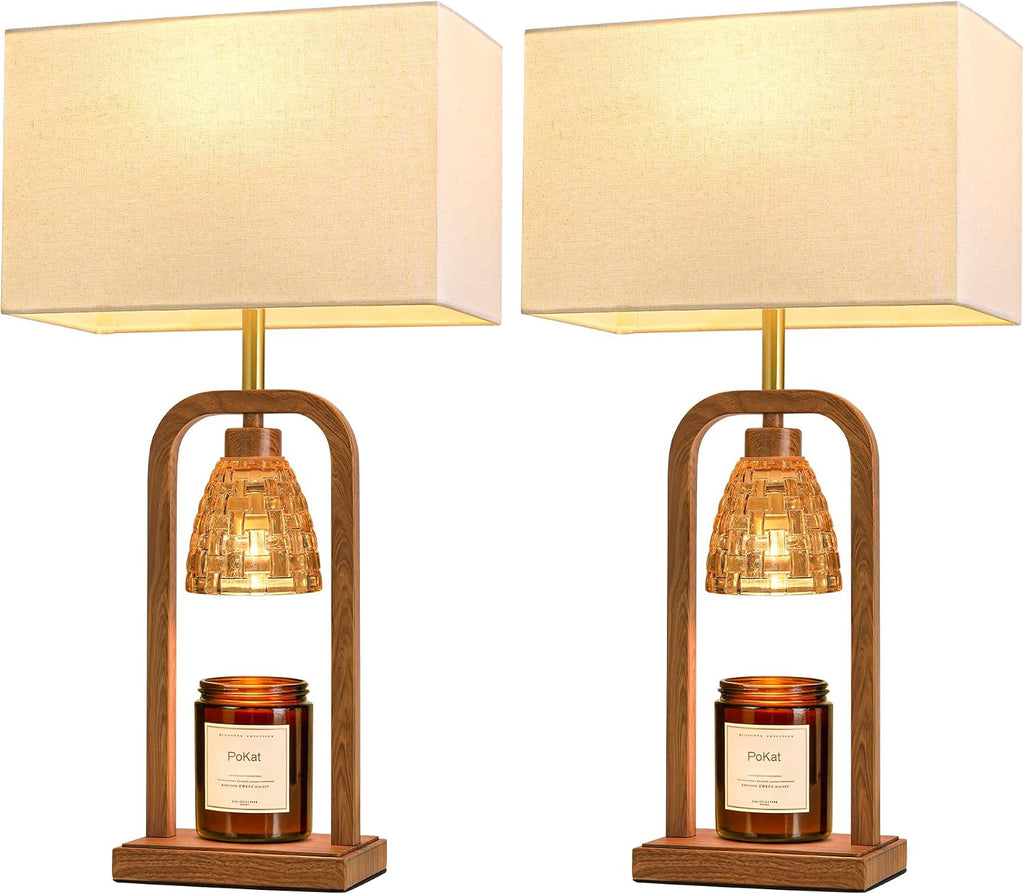 PoKat Farmhouse Table Lamps with Candle Warmer & Timer for Bedroom, Wood-Like Bedside Lamps Set of 2 for Night Stands, 21.5'' Bedroom Lamps Decor for Living Room, Corded Eletric, No Battery