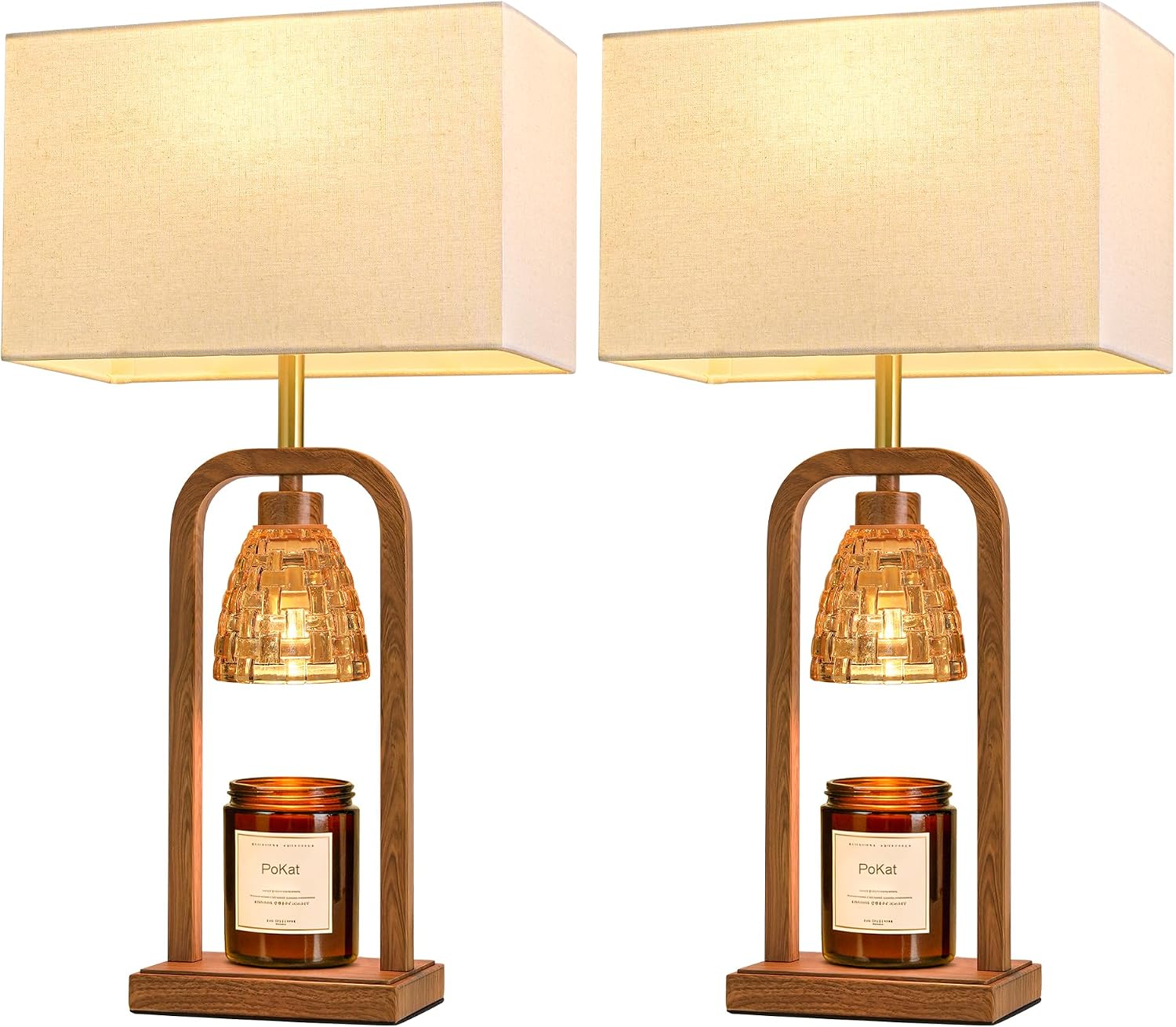 PoKat Farmhouse Table Lamps with Candle Warmer & Timer for Bedroom, Wood-Like Bedside Lamps Set of 2 for Night Stands, 21.5'' Bedroom Lamps Decor for Living Room, Corded Eletric, No Battery