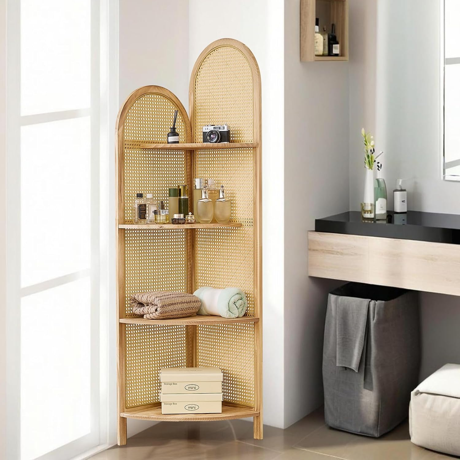 4-Tier Corner Shelf Stand 70' Rattan Corner Shelves Display Shelf Wall Corner Bookshelf with Solid Wood Frame Multi Unit Organizer Rack with Legs for Living Room Decor,Small Space, Natural