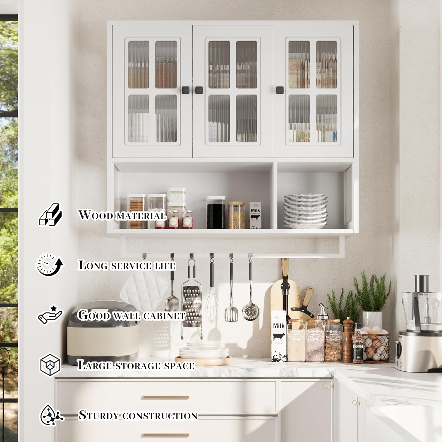 Polibi Wall Cabinet with Fluted Glass, Modern Wall-Mounted Storage with Towel Bar, Removable Shelves, Minimalist Design for Entryway Living Room Bathroom Dining Room, Easy Assembly, White