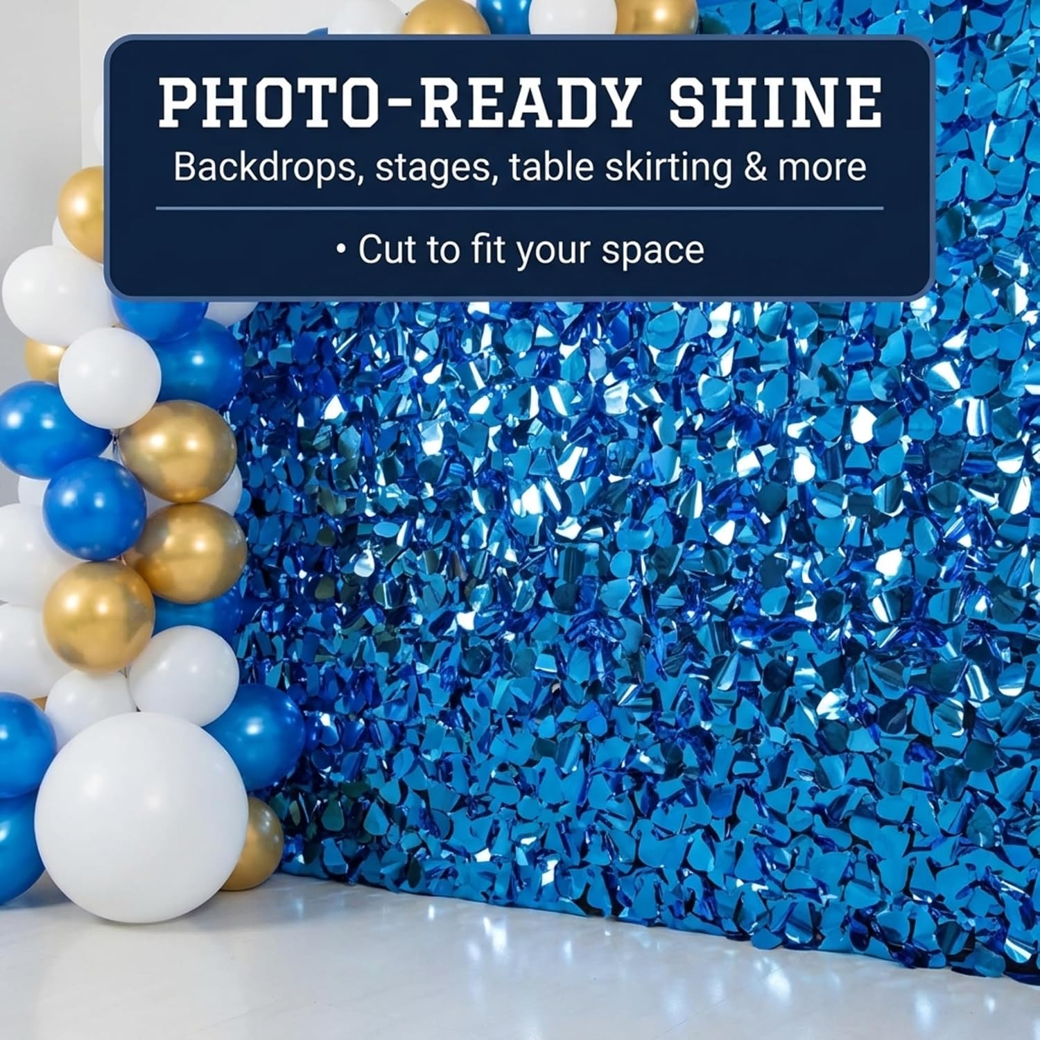 Anderson's Blue Metallic Floral Sheeting, 30 Ft. Parade Float Decoration for Trailers, Parties, Weddings, Proms, Photo Backdrops & Events – Shiny Fringe Garland for Indoor/Outdoor Use