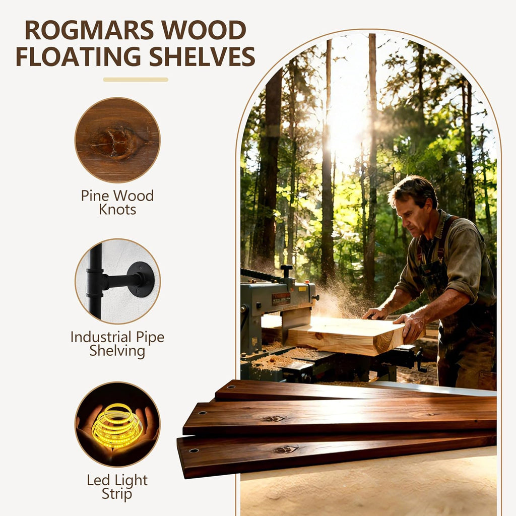 ROGMARS LED Gaming Floating Shelves for Wall,Industrial Pipe Shelving 48 inch Coffee Bar Shelves Wall Mounted,Display Book Shelf with Light for Gaming Room Living Room Bedroom Kitchen Garage