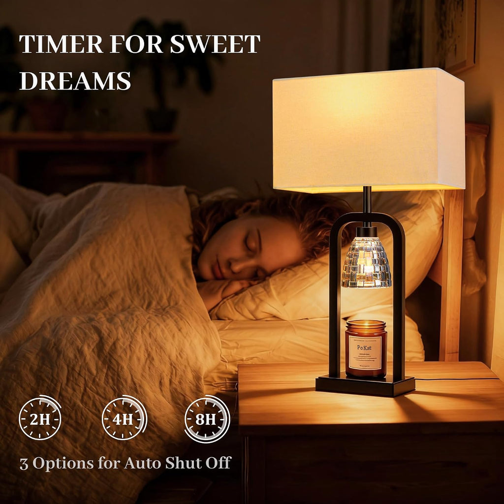 PoKat Bedside Table Lamps with Candle Warmer & Timer for Bedroom, Farmhouse Lamps Set of 2 for Night Stands, 21.5'' Bedroom Lamps Decor for Living Room, Side Table, Hallway, Bulbs Included, Black