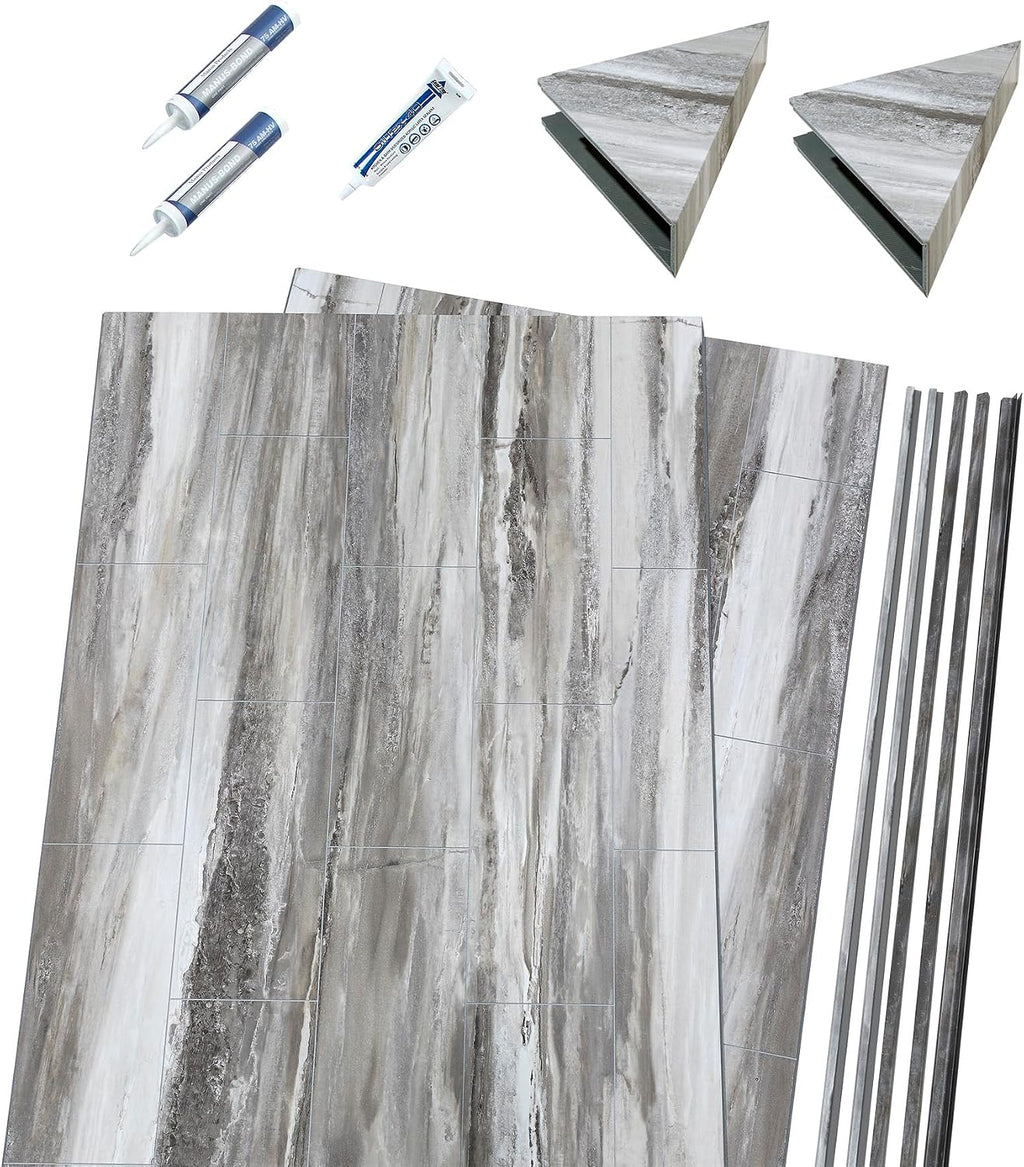 Palisade Vinyl Corner Shower Surround Kit 78in x 36in x 36in, Urban Cliff | Waterproof PVC wall panels, grout-free design, bathroom renovation, coordinating trim, shelves, adhesive and sealant included
