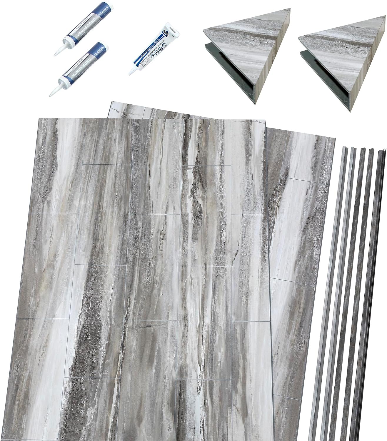 Palisade Vinyl Corner Shower Surround Kit 78in x 36in x 36in, Urban Cliff | Waterproof PVC wall panels, grout-free design, bathroom renovation, coordinating trim, shelves, adhesive and sealant included