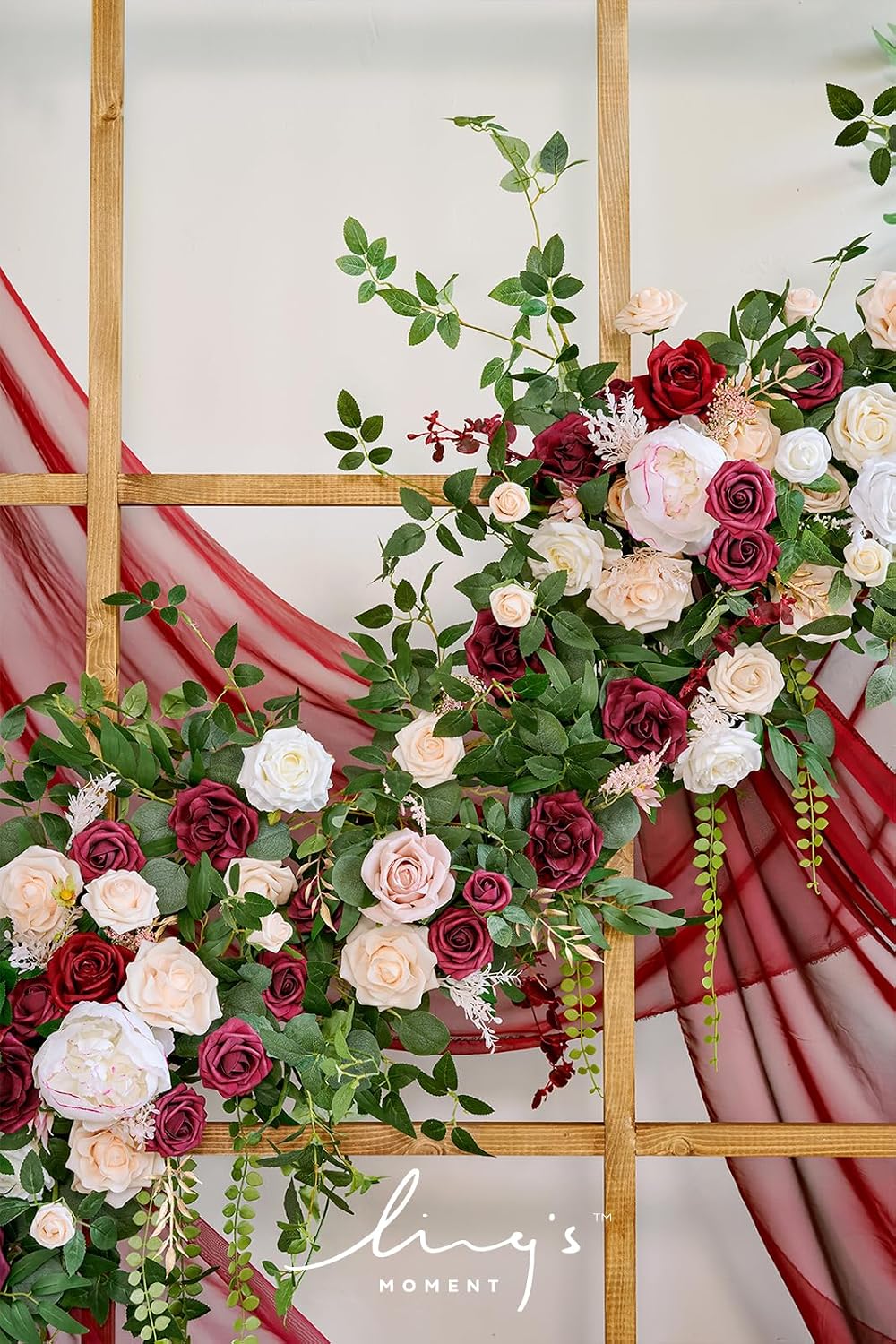 Ling's moment 9FT Spring Flower Garland - Wedding Arch Flowers, Eucalyptus & Rose, Artificial Floral Garland for Mantle - Sweetheart Table Decor for Reception, Backdrop Decorations, Marsala