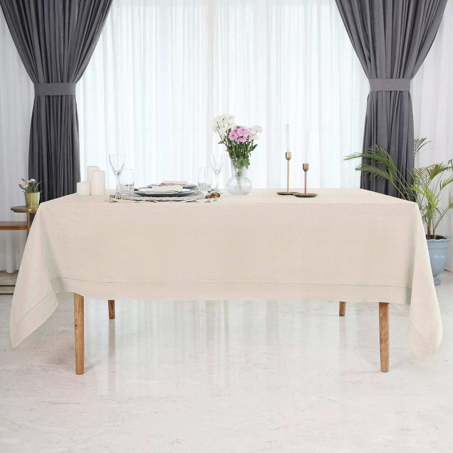 D'Moksha Homes Light Natural Linen Tablecloth 60 x 156 Inch - 100% Pure Linen Natural Tablecloth for Rectangle Tables - Classic Hemstitch, Machine Washable Table Cloth for Mothers Day, Spring