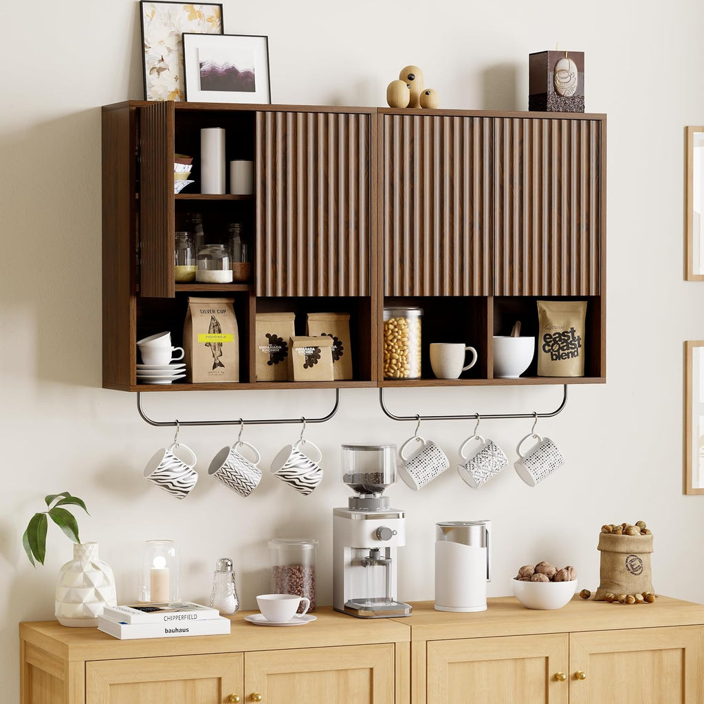 Fluted Wall Cabinets with Doors and Shelves Set of 2, Modern Medicine Cabinet Bathroom Adjustable Shelf Towel Rack Wood Storage Cabinet for Kitchen Dining Room Living Room, Brown