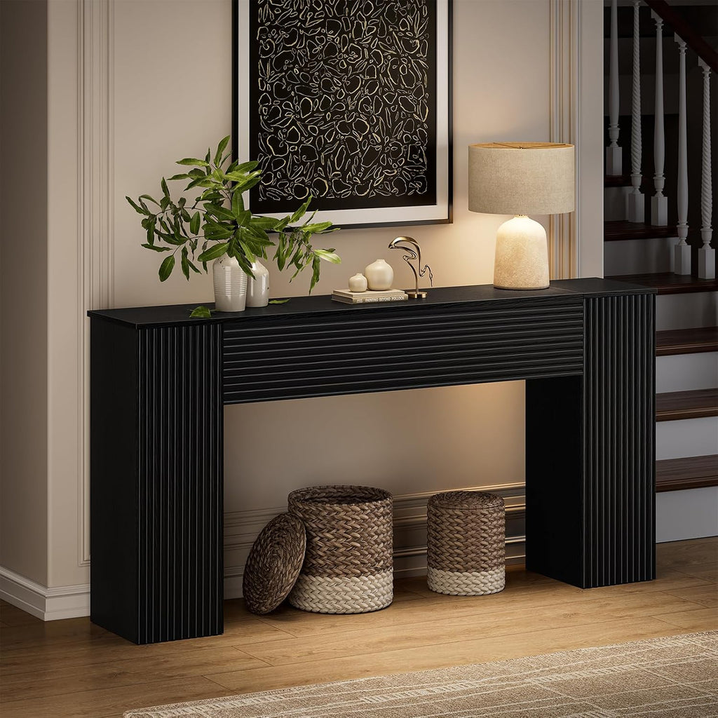 FABATO 61'' Fluted Long Console Table, Wooden Rectangular Sofa Table Behind The Couch, Narrow Entryway Table with 2 Hidden Storage Cabinets for Entrance, Hallway, Living Room, Foyer, Black
