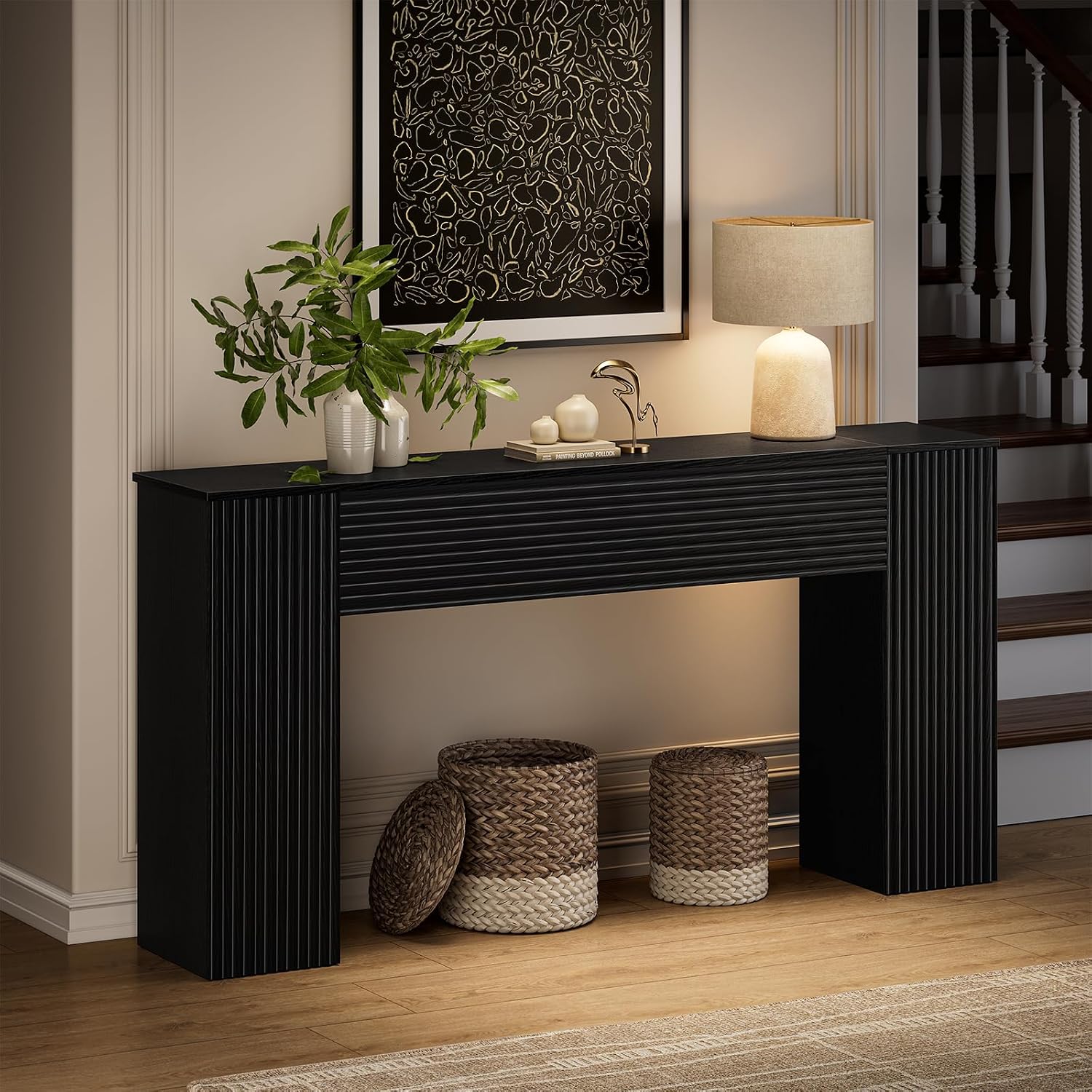 FABATO 61'' Fluted Long Console Table, Wooden Rectangular Sofa Table Behind The Couch, Narrow Entryway Table with 2 Hidden Storage Cabinets for Entrance, Hallway, Living Room, Foyer, Black