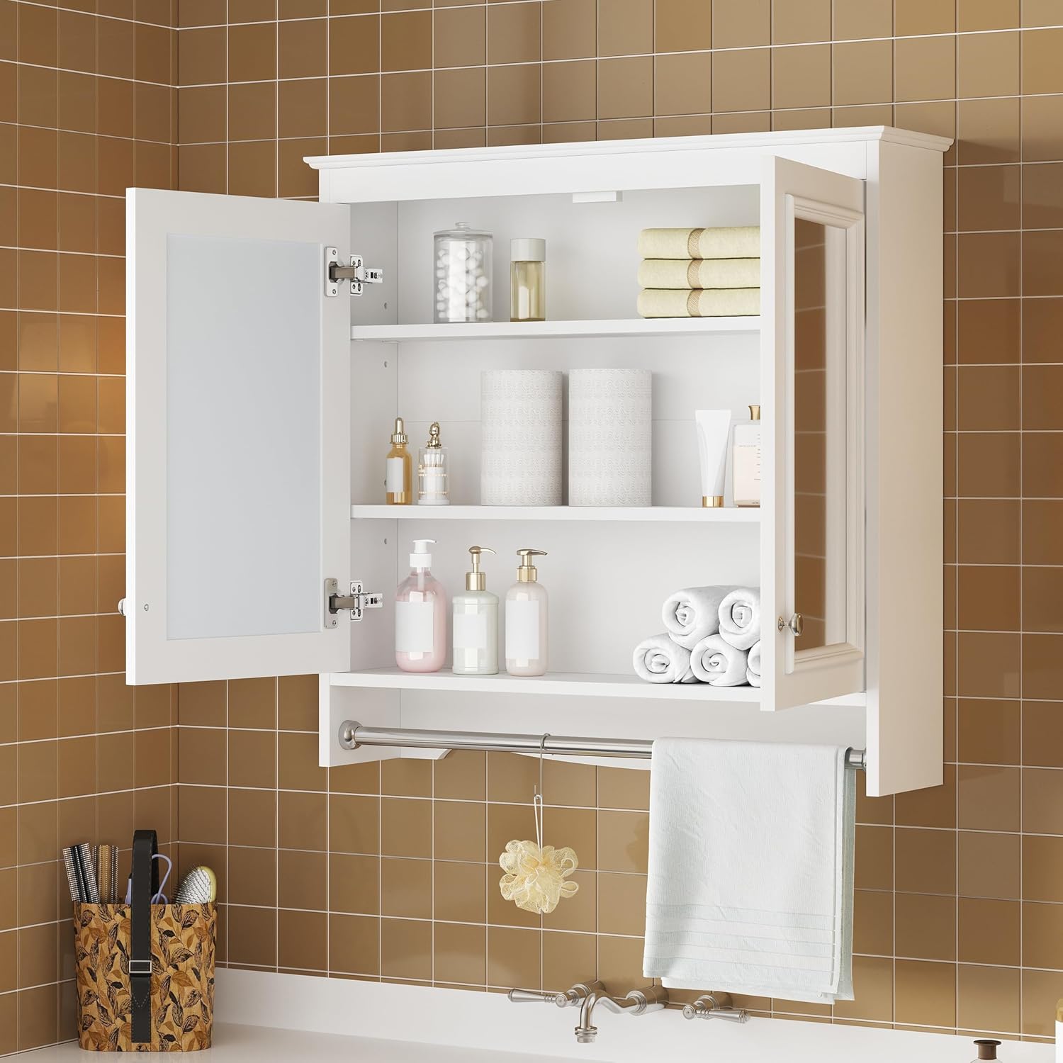 Merax 3-in-1 Bathroom Mirror Cabinet with Adjustable Shelves, Soft Close Doors & Towel Bar, 30' Wall Mounted Medicine Cabinet with High-Definition Mirror, Versatile Storage for Vanity, Bedroom, White