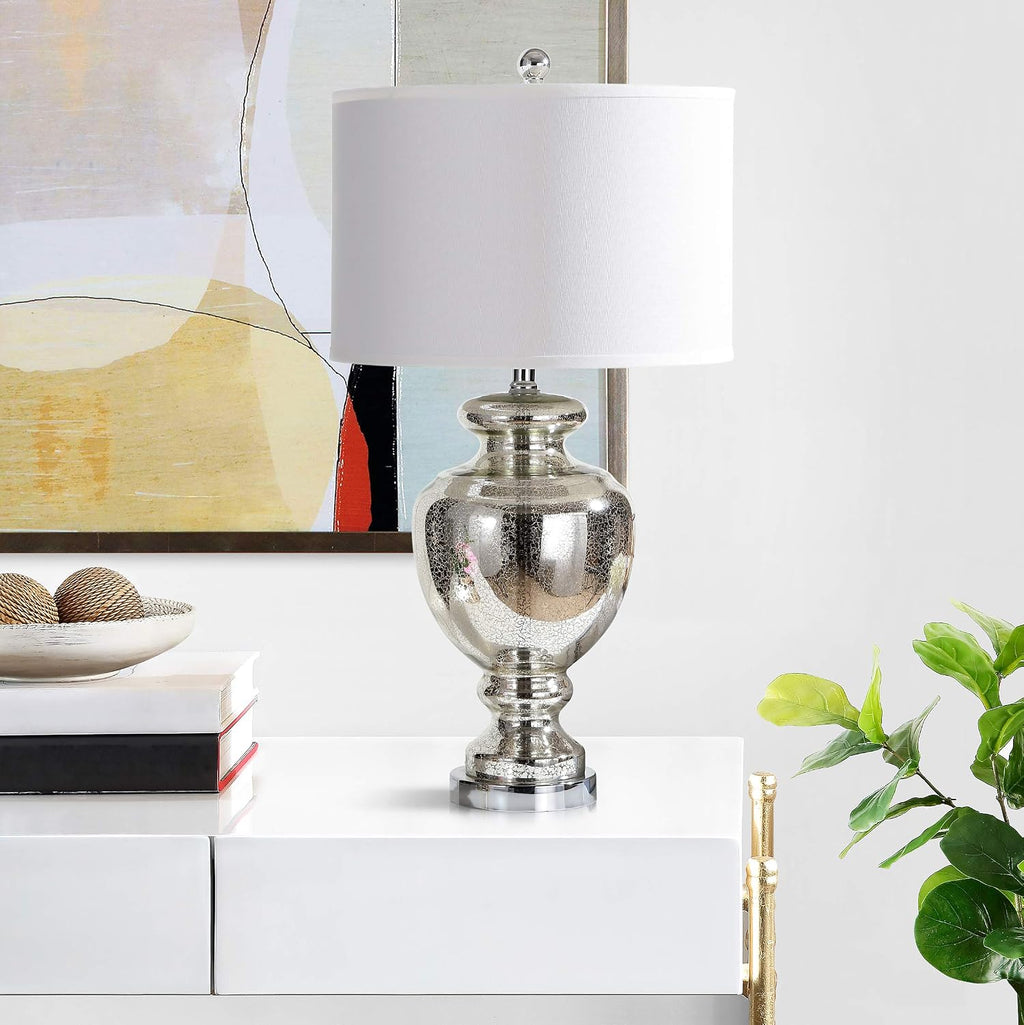 SAFAVIEH Lighting Collection Morocco Mercury Silver Crackle Glass 28-inch Bedroom Living Room Home Office Desk Nightstand Table Lamp Set of 2 (LED Bulbs Included)