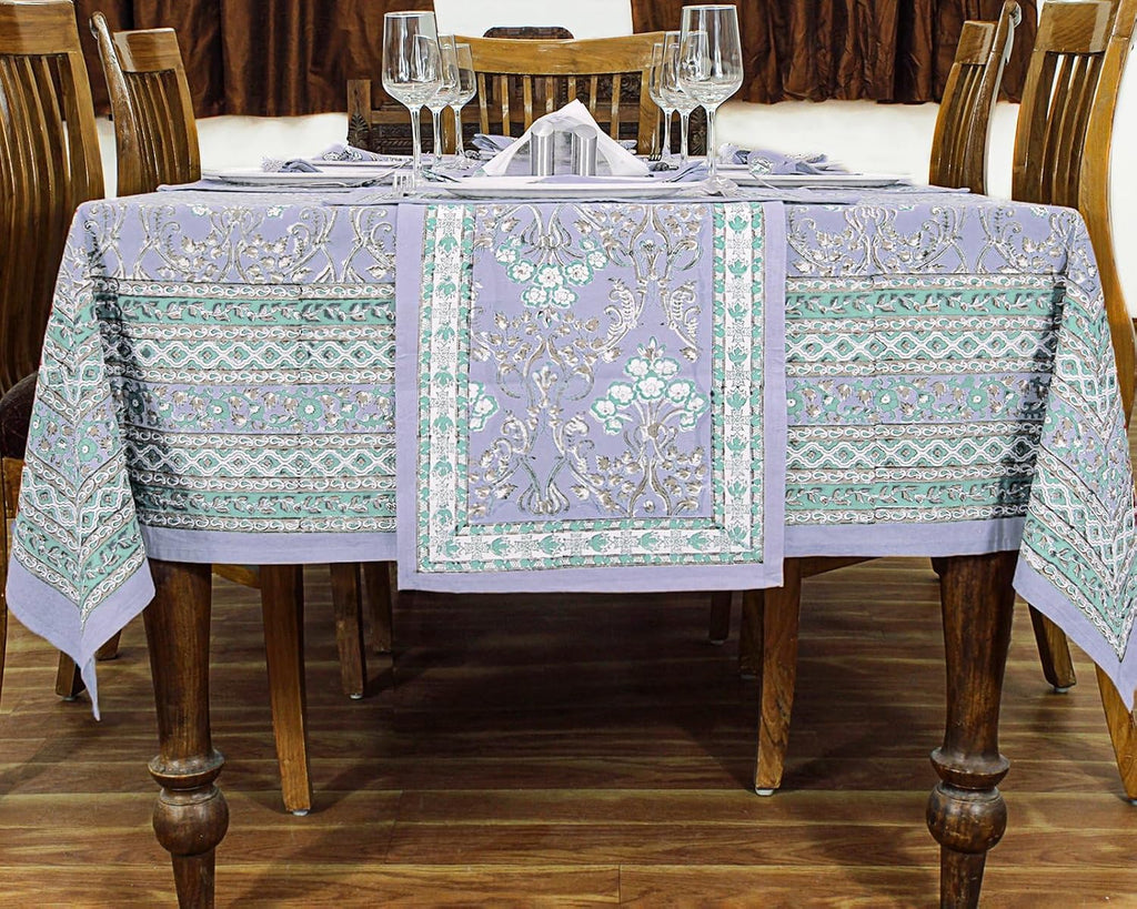 72x190 Inches Rectangle Hand Block Printed Cotton Tablecloth, Lavender Green Floral Table Cloths Washable, Indian Table Linen for Christmas Thanksgiving Gifts Home Decor Dining Outdoor