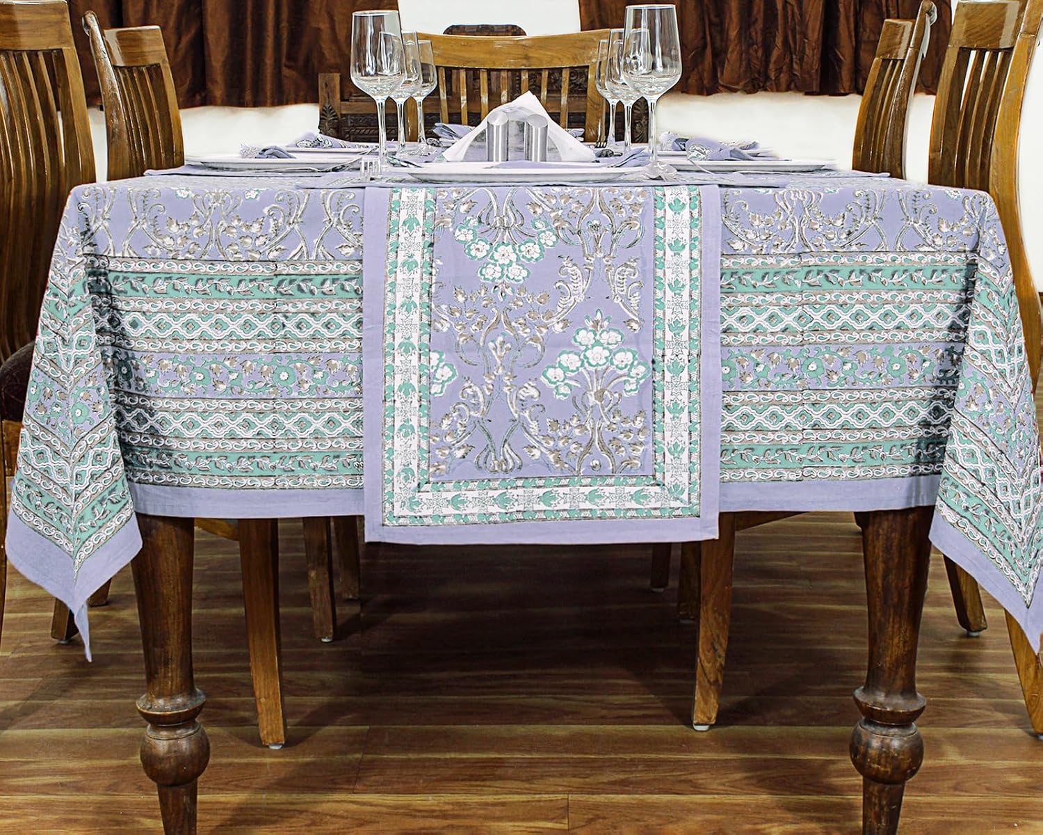 72x190 Inches Rectangle Hand Block Printed Cotton Tablecloth, Lavender Green Floral Table Cloths Washable, Indian Table Linen for Christmas Thanksgiving Gifts Home Decor Dining Outdoor