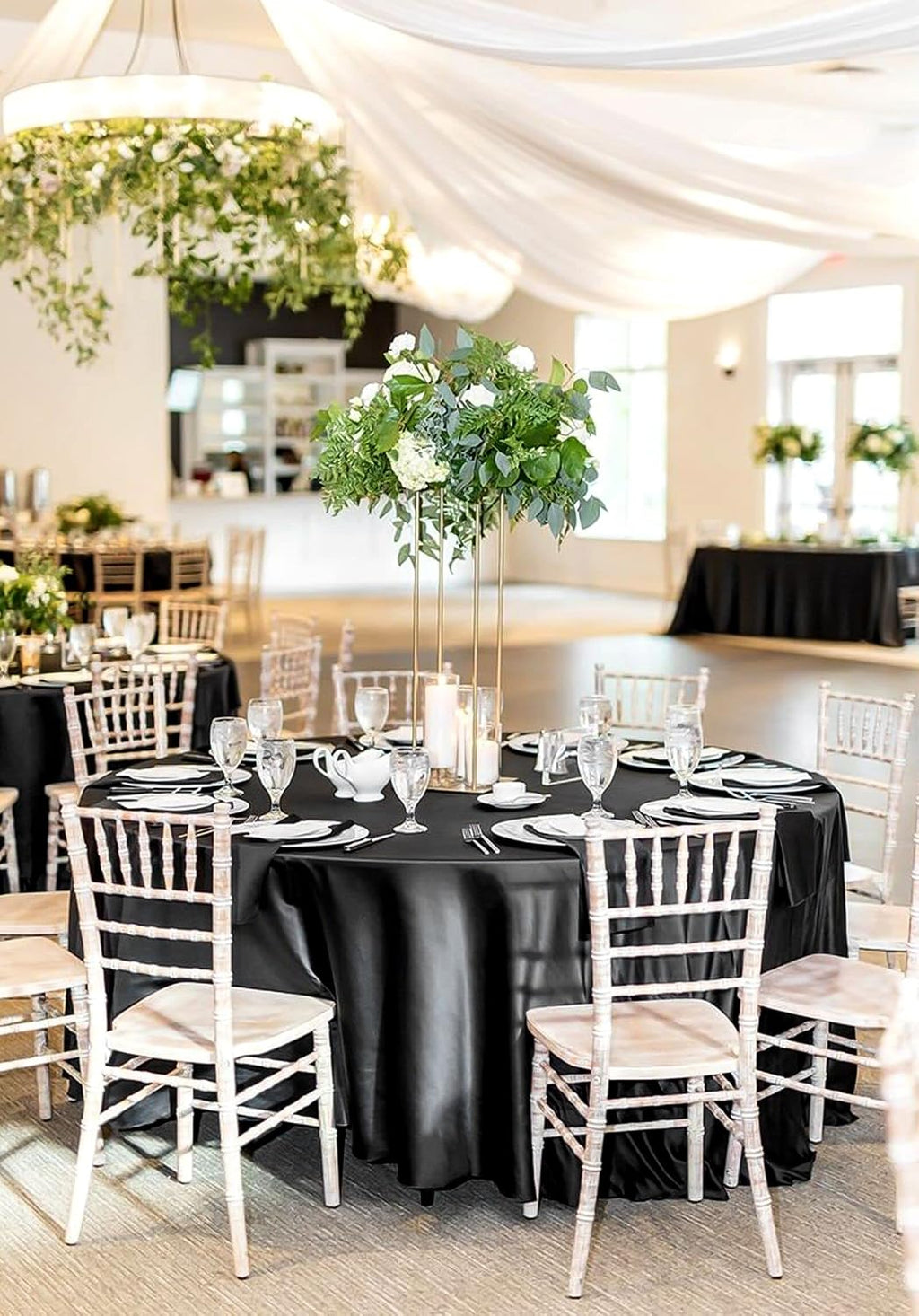 12 Pack 120 Inch Round Tablecloth, Black Satin Fabric Table Cloth for Round Tables, Wrinkle Resistant Washable TableCover Bright Silk Table Clothes for Wedding Party Dining Tables Banquet