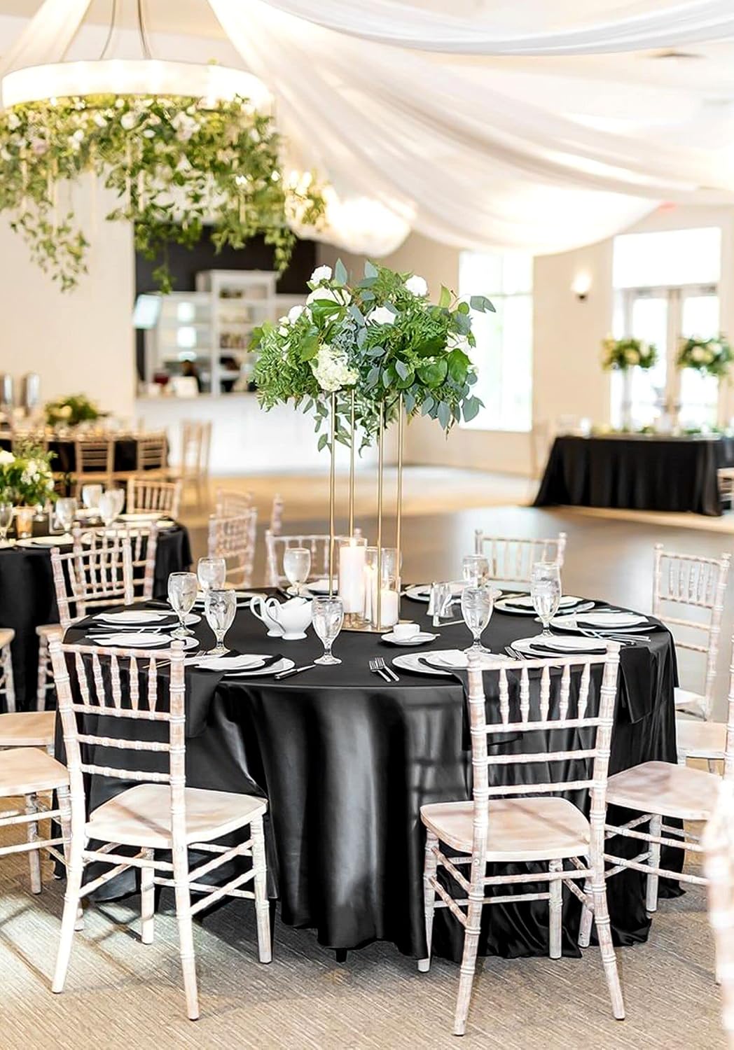 12 Pack 120 Inch Round Tablecloth, Black Satin Fabric Table Cloth for Round Tables, Wrinkle Resistant Washable TableCover Bright Silk Table Clothes for Wedding Party Dining Tables Banquet