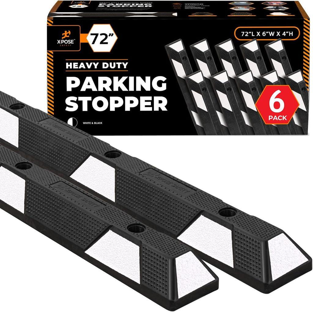 Xpose Safety 72' Heavy Duty Rubber Parking Stopper – 6 Pack Wheel Blocks for Garage, Driveway, or Ramp – Car Bumper Stop with White Reflective Strips – Removable Floor Mount