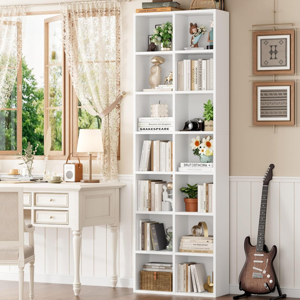 FOTOSOK 71'' Tall Bookshelf Set of 2, 7 Tier Large White Bookshelf with Adjustable Shelves, Wide Bookcases and Bookshelf, DVD/CD Media Tower Storage, Cube Book Shelf Display Shelf Cabinet, White