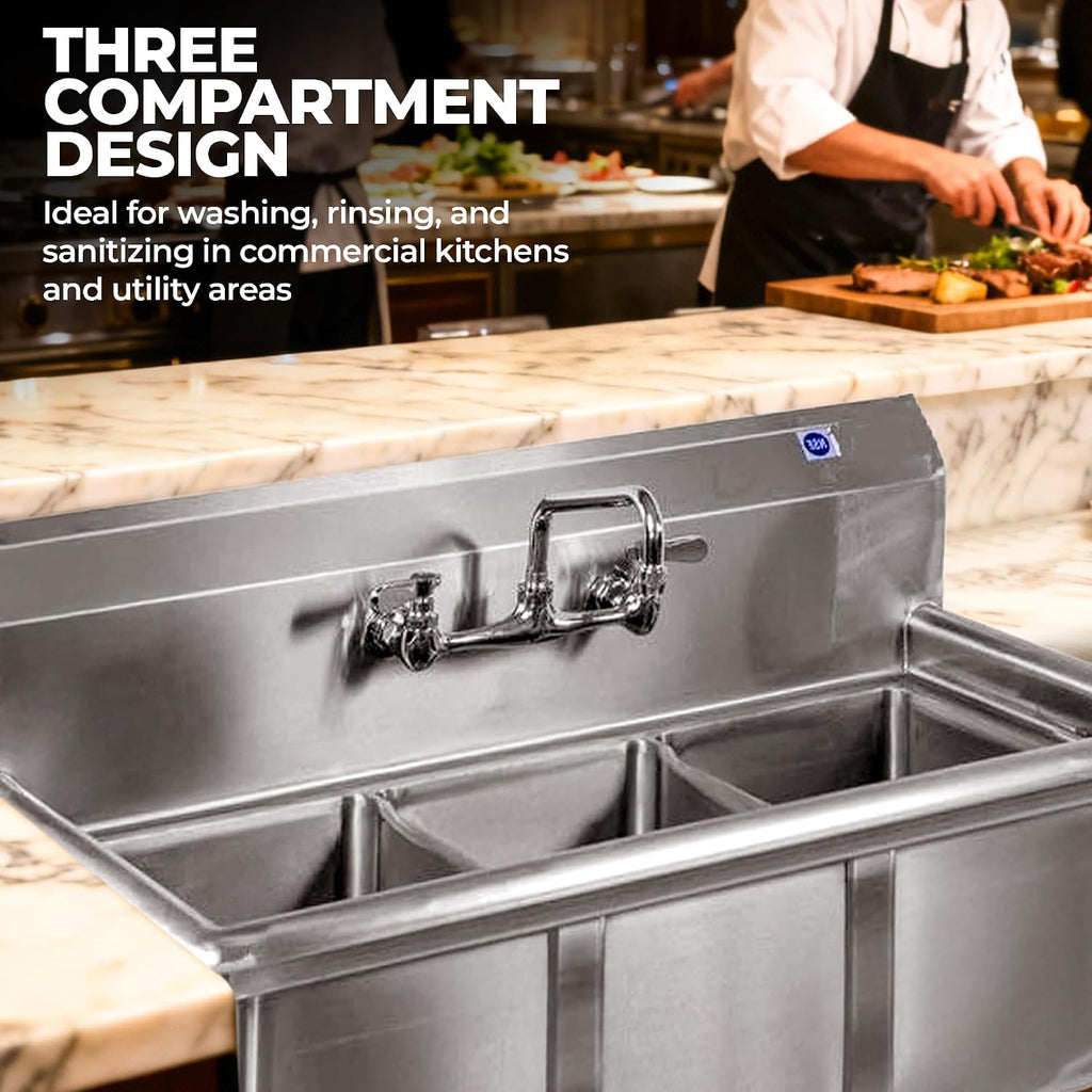 36' 3 Compartment Stainless Steel Utility Sink – Bowl Size 10' x 14' x 10' | NSF Certified Commercial Kitchen Prep Sink