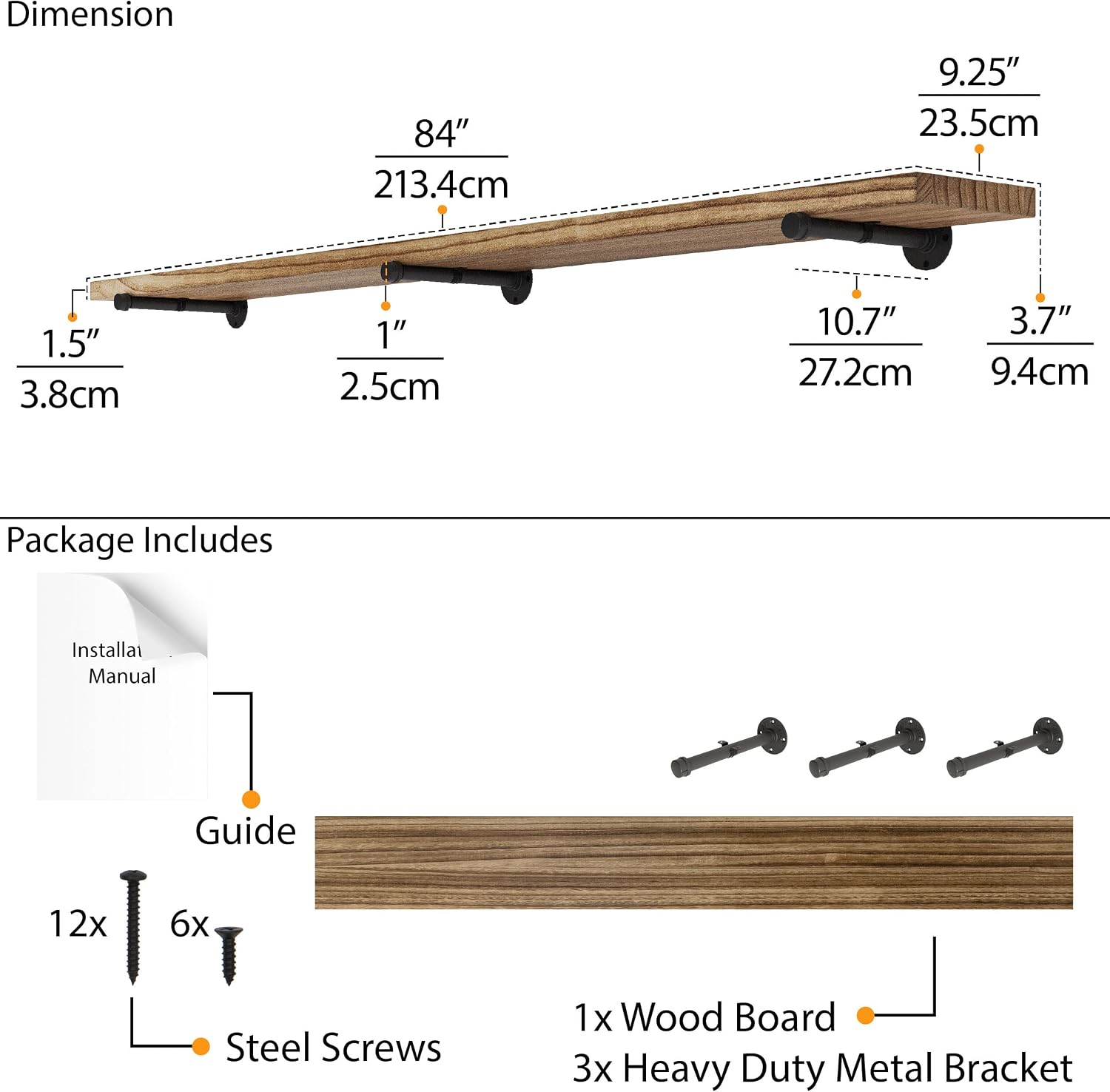 Wallniture Burnt Finish Pipe Wall Shelf - 9.25'' Deep, 1.5'' Thick Solid Wood, Lengths: 48', 60', 72', 84' - Includes Pipe Brackets (84'')
