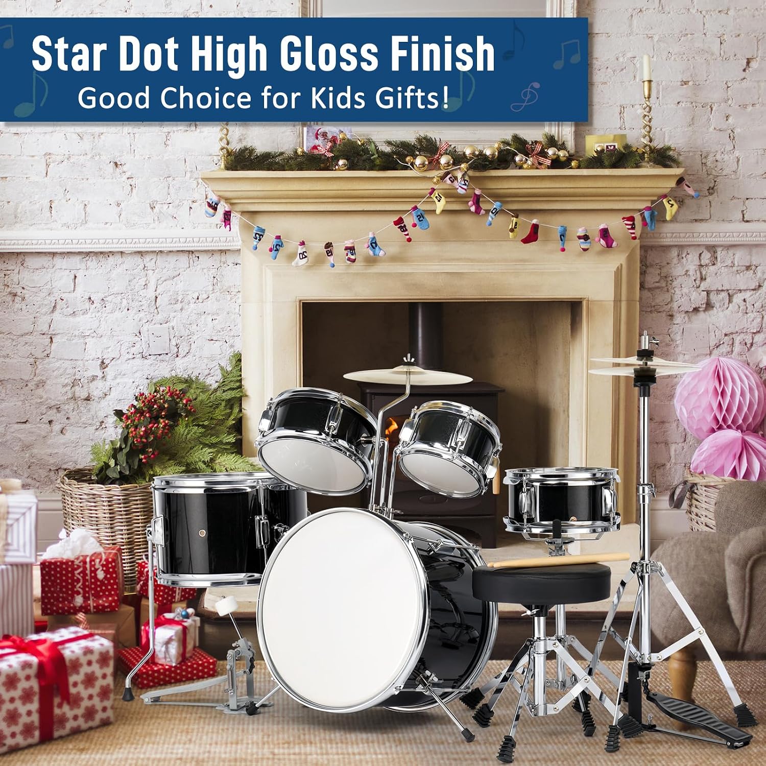 Ktaxon 5-Piece Complete Junior Drums Set, 14 Inch Beginners Drum Kit with Throne Stool, Pedal & Drumsticks, Drums Musical Instruments W/Cymbal, Hi-Hat, Floor, Tom and Snare Drum (Black)