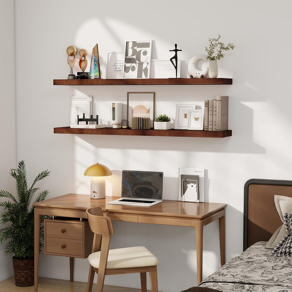 RICHFOCUS Floating Shelves for Wall 55 Inch Solid USA-Sourced Oak Wooden Shelves for Bathroom Kitchen 9' Deep Modern Wood Shelf with Heavy-Duty Bracket for Wall Mounted, Walnut Finish