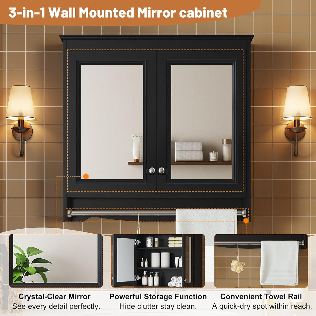 Merax 3-in-1 Bathroom Mirror Cabinet with Adjustable Shelves, Soft Close Doors & Towel Bar, 30' Wall Mounted Medicine Cabinet with High-Definition Mirror, Versatile Storage for Vanity, Bedroom, Black