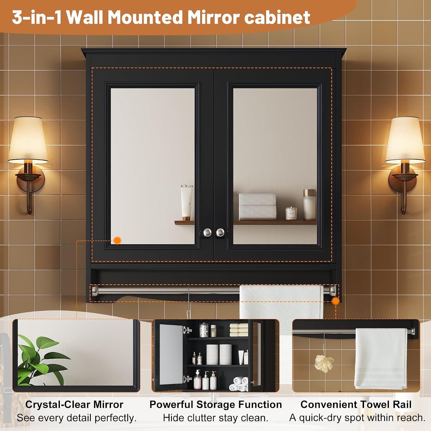 Merax 3-in-1 Bathroom Mirror Cabinet with Adjustable Shelves, Soft Close Doors & Towel Bar, 30' Wall Mounted Medicine Cabinet with High-Definition Mirror, Versatile Storage for Vanity, Bedroom, Black