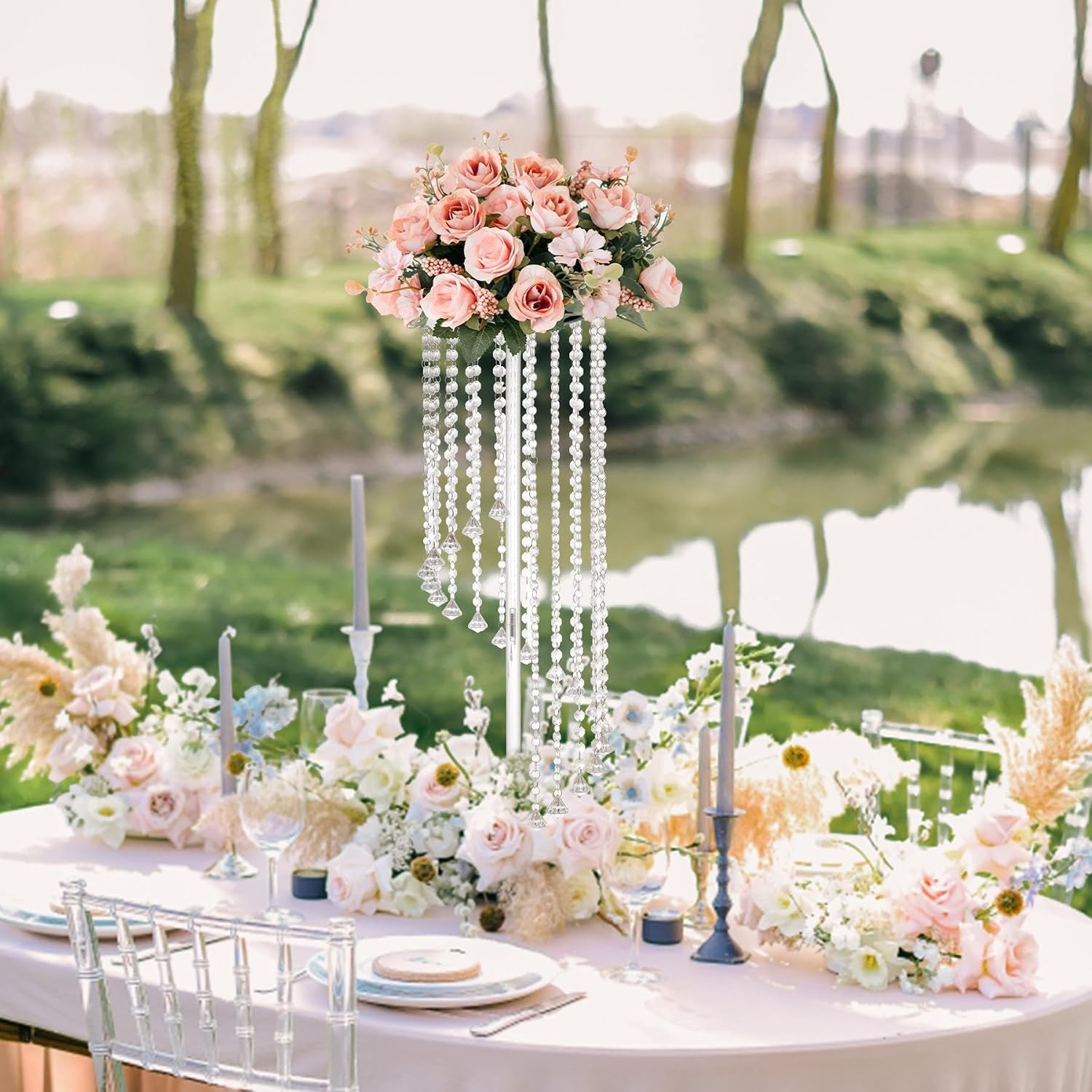 10 Pcs 31.5' Clear Acrylic Tall Flower Vases - Cylinder Pedestal Stands for The Table Centerpieces for Parties, Chandelier Crystals Decorative Flower Stand, Wedding, Celebration, Home Decoration