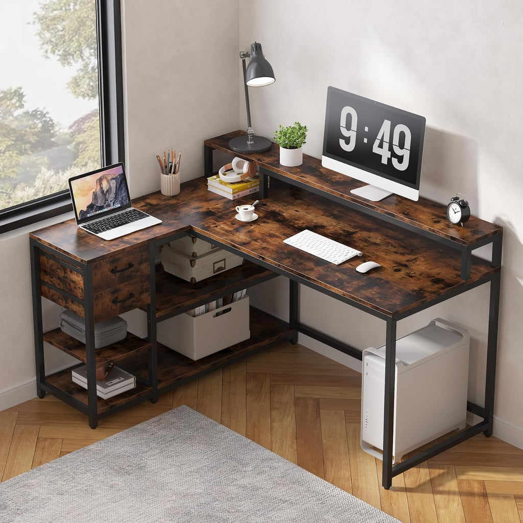 Tribesigns L Shaped Desk with Drawers and Storage Shelves, Home Office L Corner Desk with Monitor Stand, 55' x 24' Desktop Computer Table, Gaming Study Table for Small Space