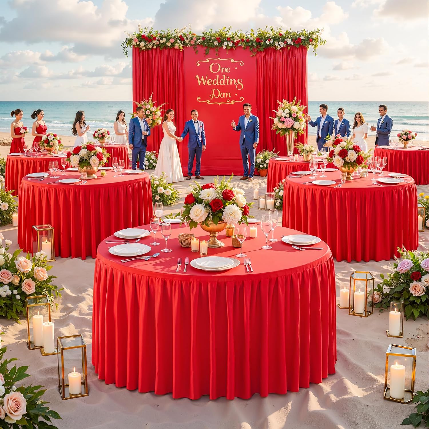 6 Pack Red Round Tablecloth 60 inch Stretch Spandex Fitted Table Cloth 5FT Round Banquet Tablecloths Wrinkle Free Table Cover Stitch Circle Tablecloth with Ruffle Skirt for Party Wedding Birthday