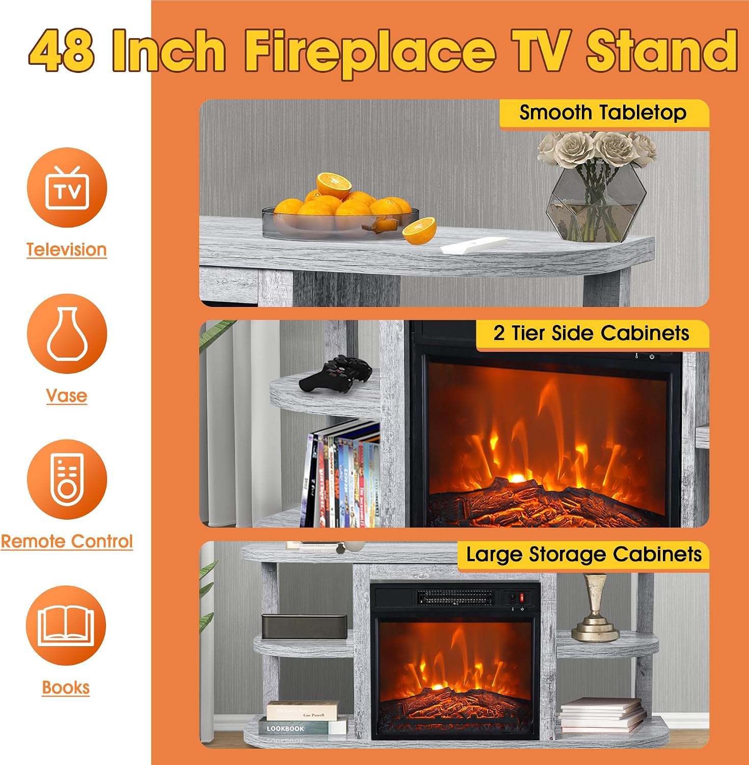 48' Fireplace TV Stand for TVs up to 55', Farmhouse Entertainment Center with 18' Electric Fireplace Insert, 1400W Wood Media Console Table with Open Storage Shelves for Living Room, Bedroom (Gray)