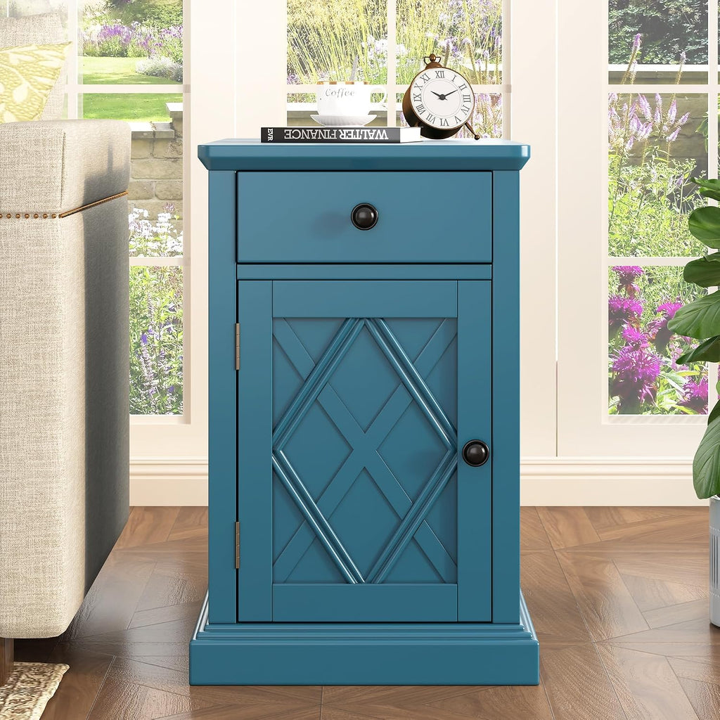 Multifunctional Classic Vintage End Table with USB Ports and 1 Drawer with Cup Holders, Sofa Side Narrow Table with Storage, Bedside Nightstand for Living Room Bedroom (Navy Blue-4.3)